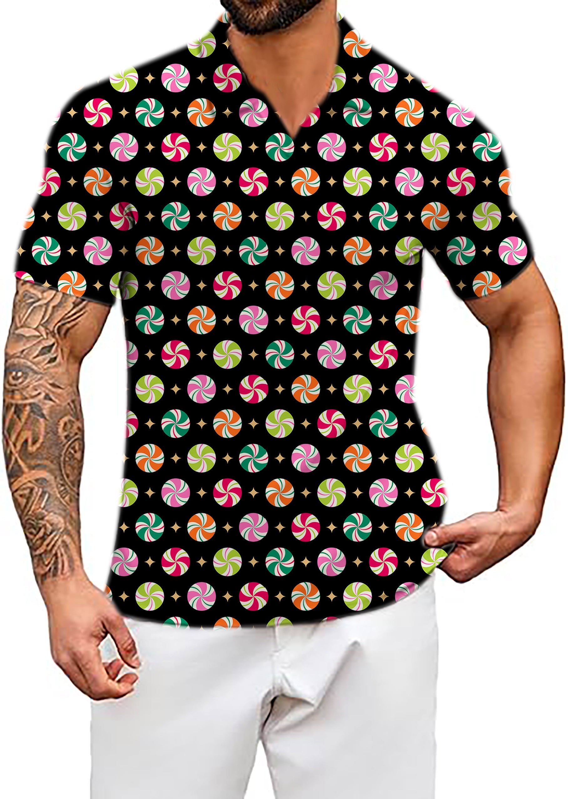Men's Coconut Palm navy blue button-up shirt with colorful Christmas candy dot pattern