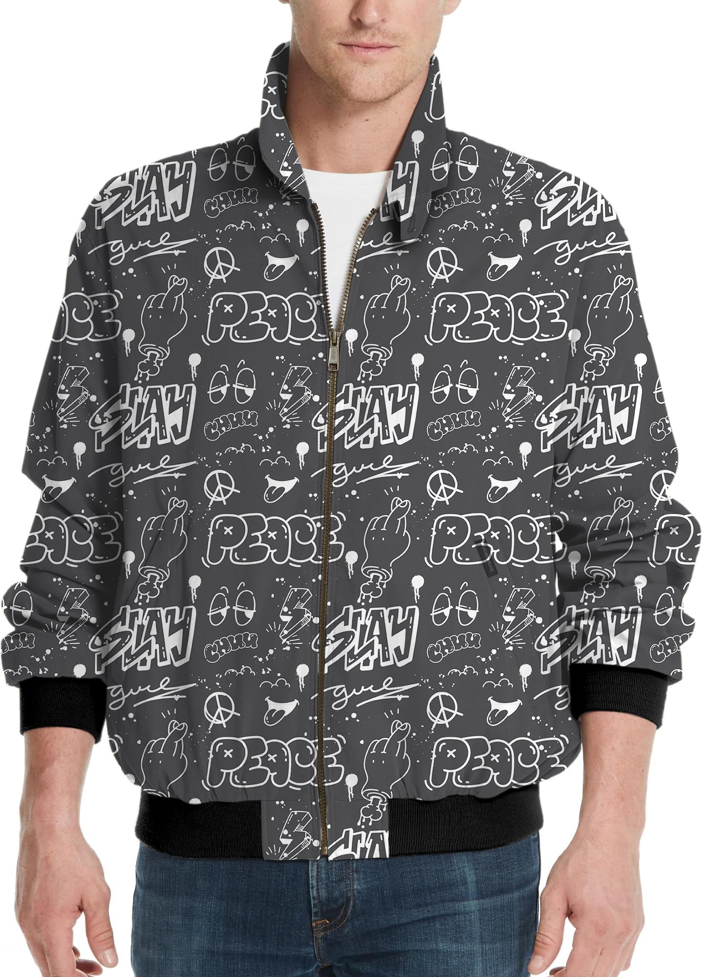 Gray Slay Peace men's golf windbreaker jacket with graffiti-style print