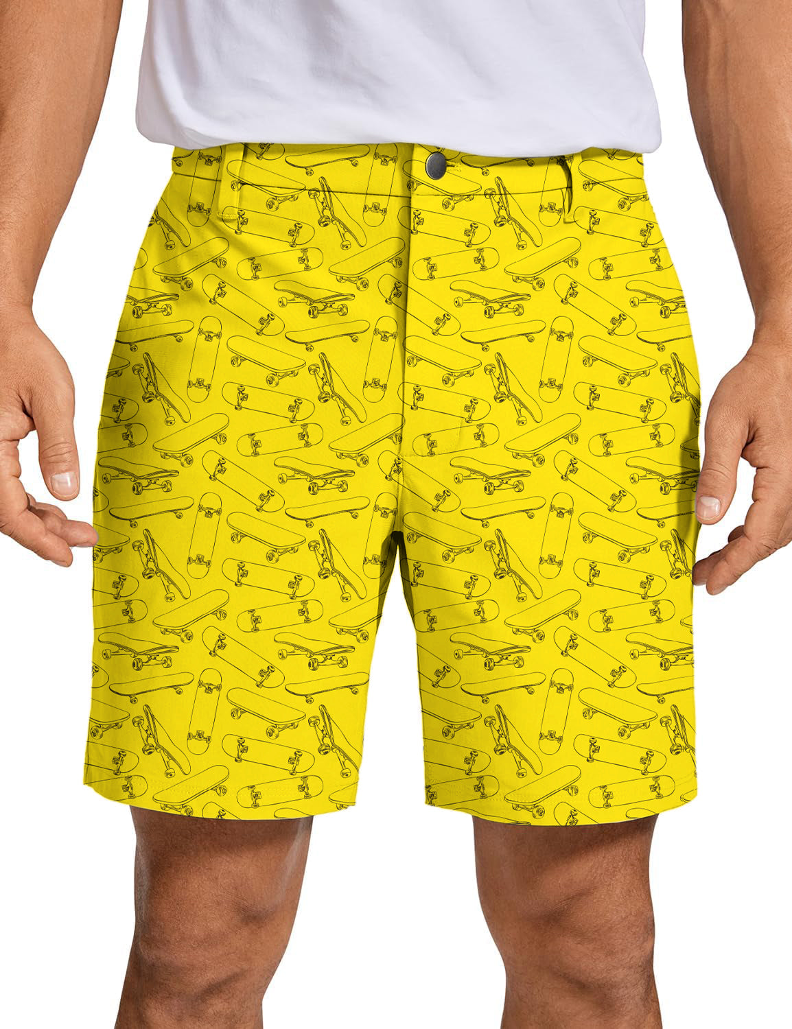 Men's yellow skateboard print golf shorts made from lightweight, quick-dry fabric for comfort and style