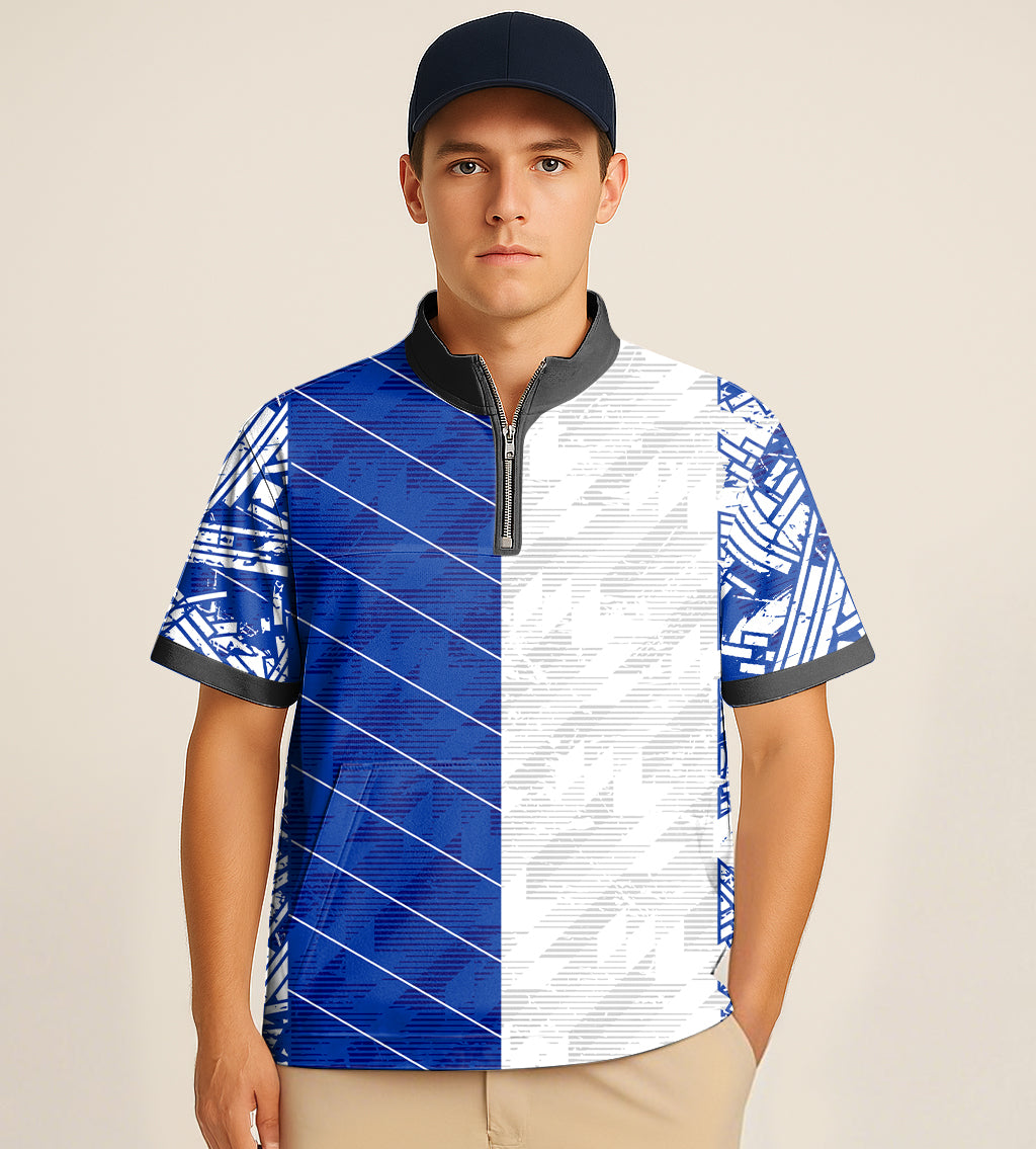 Man wearing blue and white half zipper turtleneck golf short shirt with custom embroidery and blue stitching