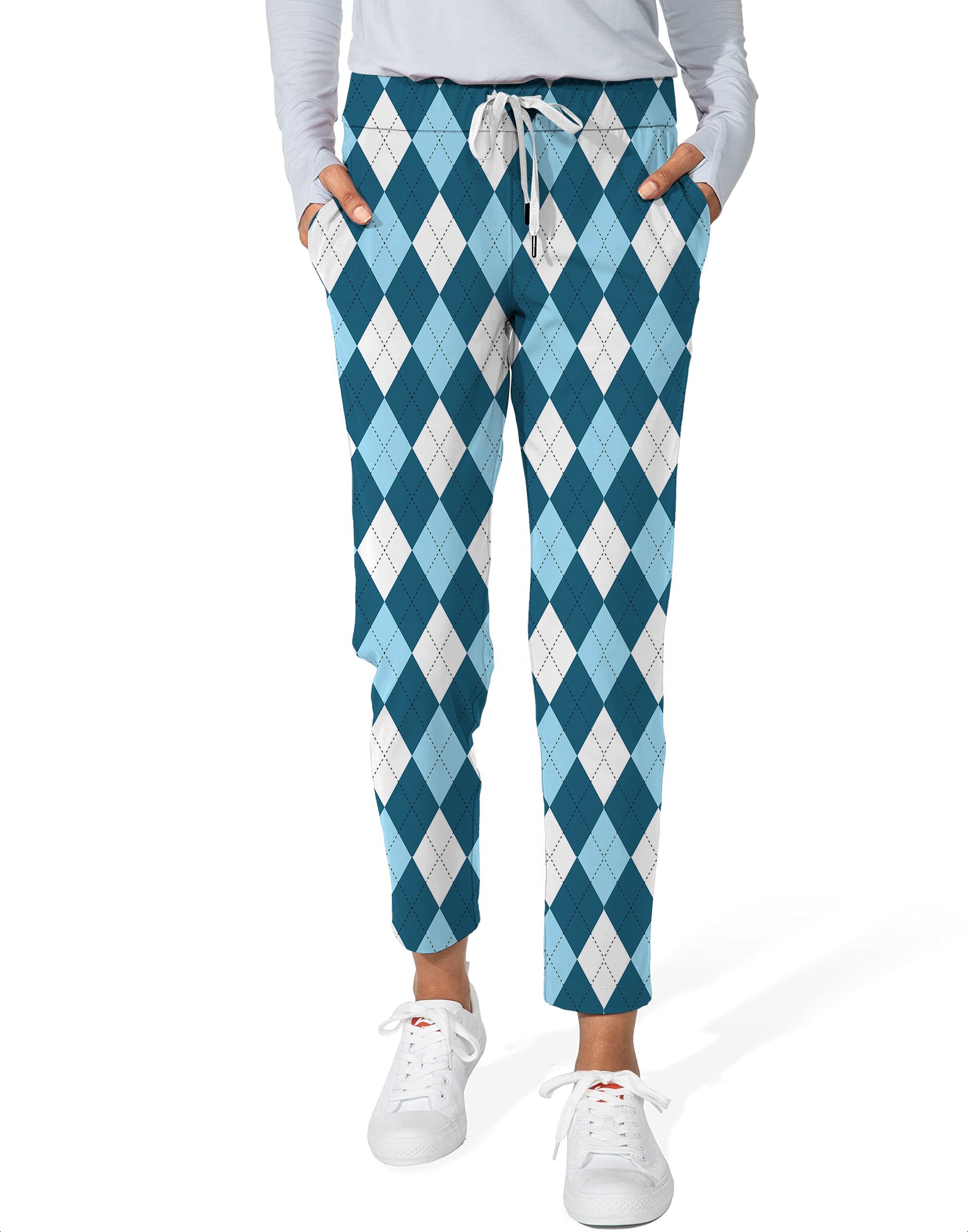 diamond moderate blue women's 7/8 stretch ankle golf pants with argyle pattern