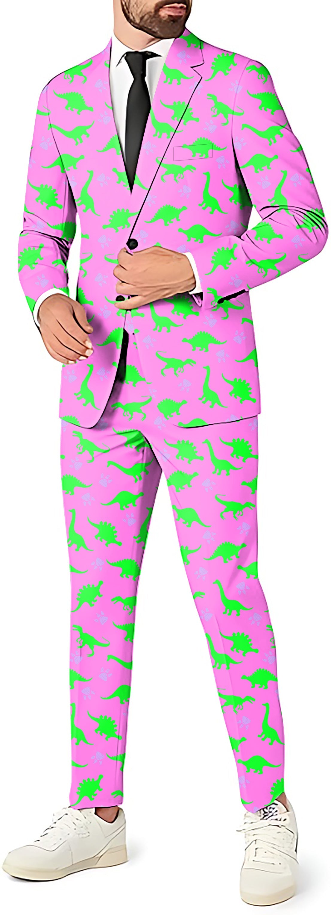 Pink Land men's party costume suit with dinosaur print blazer, pants, and vest set