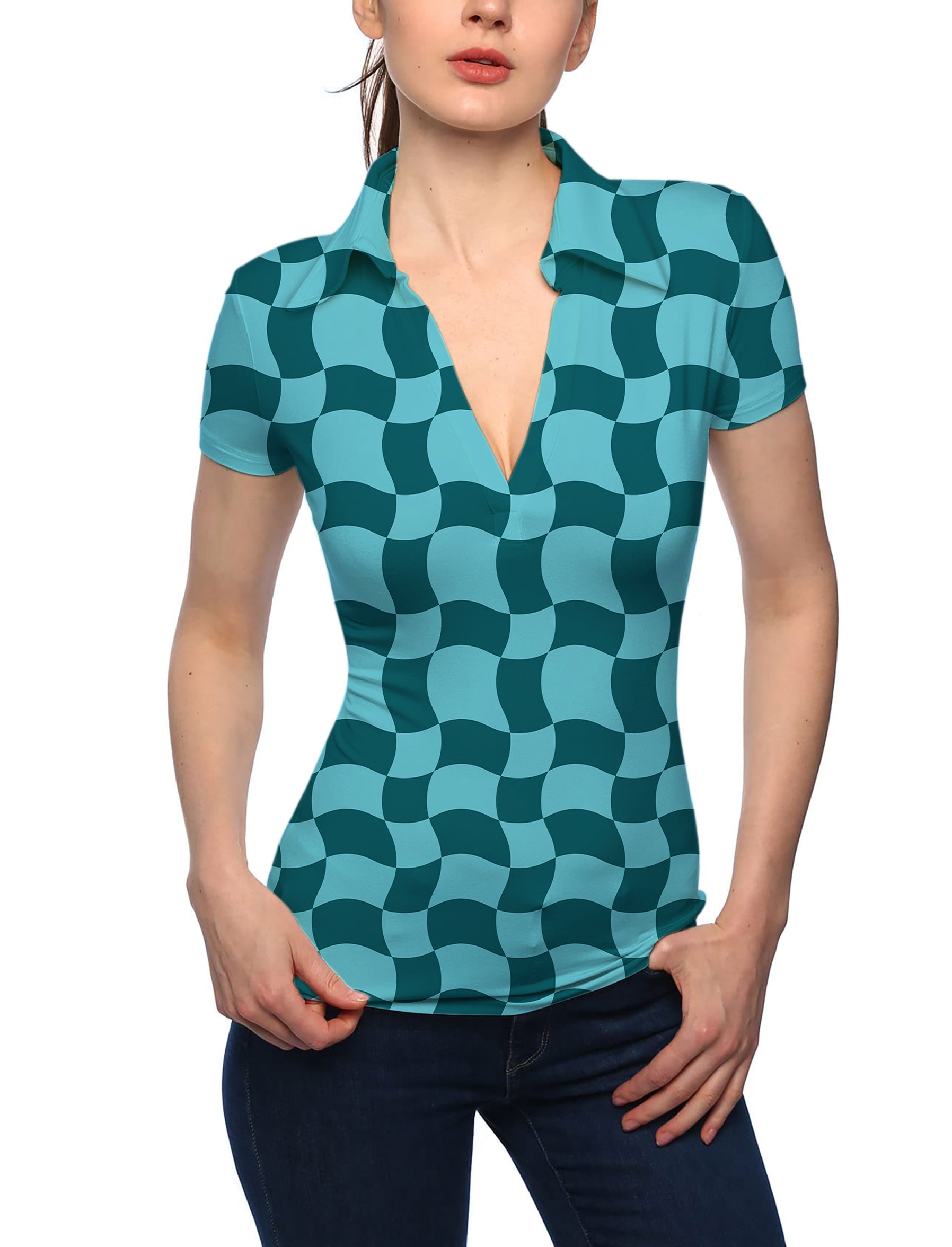 Women's wavy square pattern V-neck golf polo shirt with stand collar and short sleeves