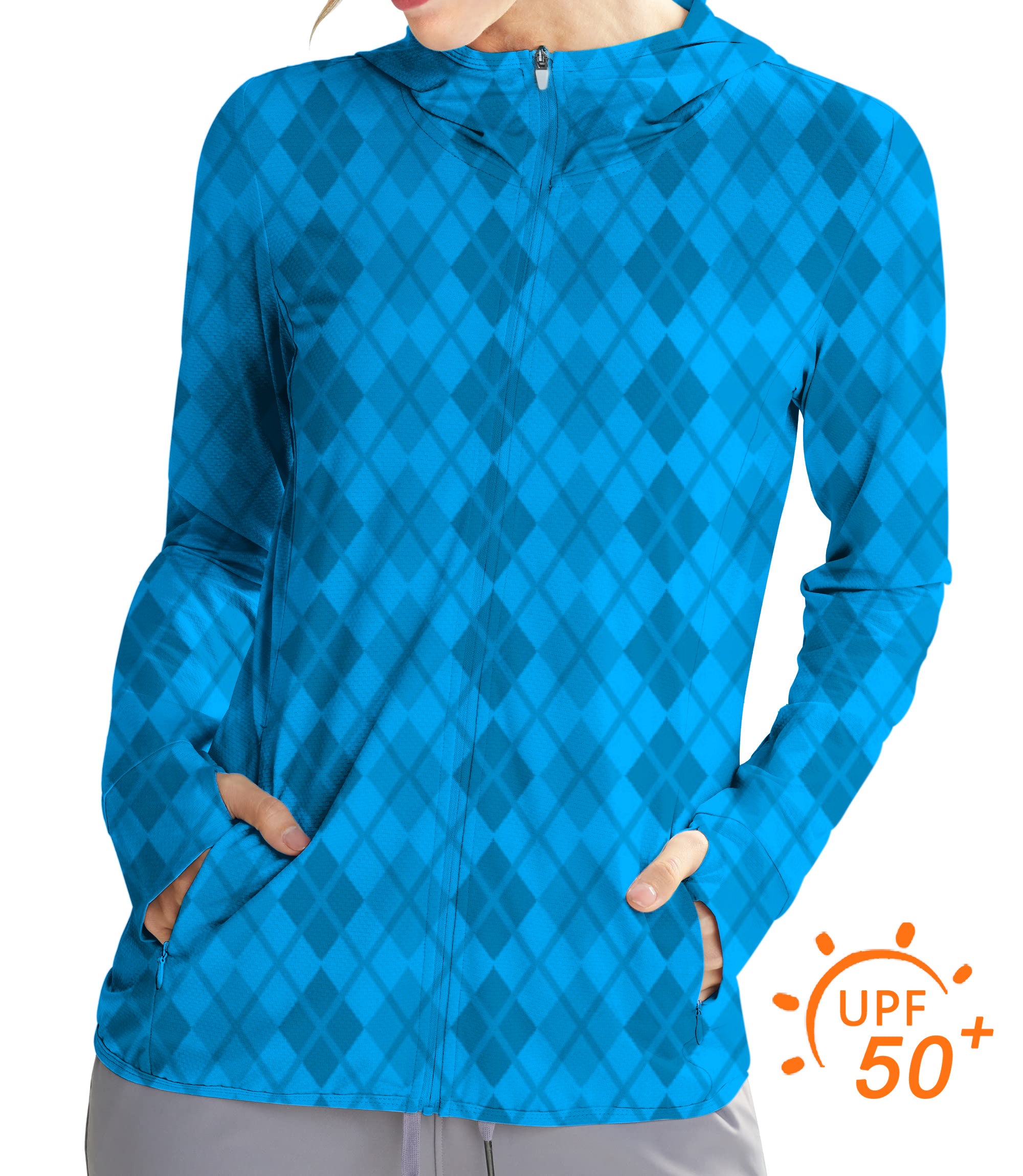 Argyle Women's Outdoor Blue grid Golf Sun Protection Slim Fit zip hoodies