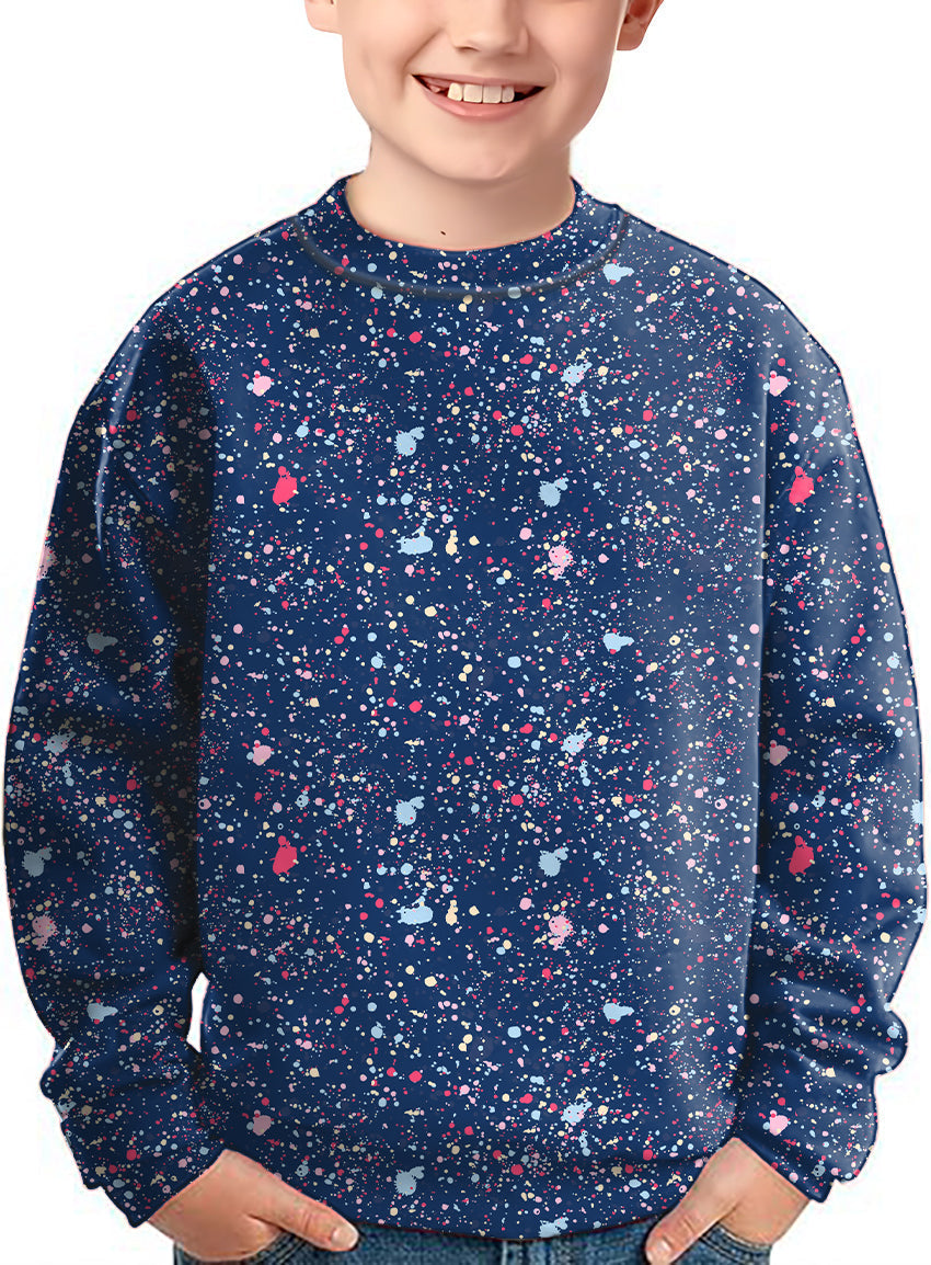 Kids navy blue ink dots crewneck pullover sweater with colorful splatter design