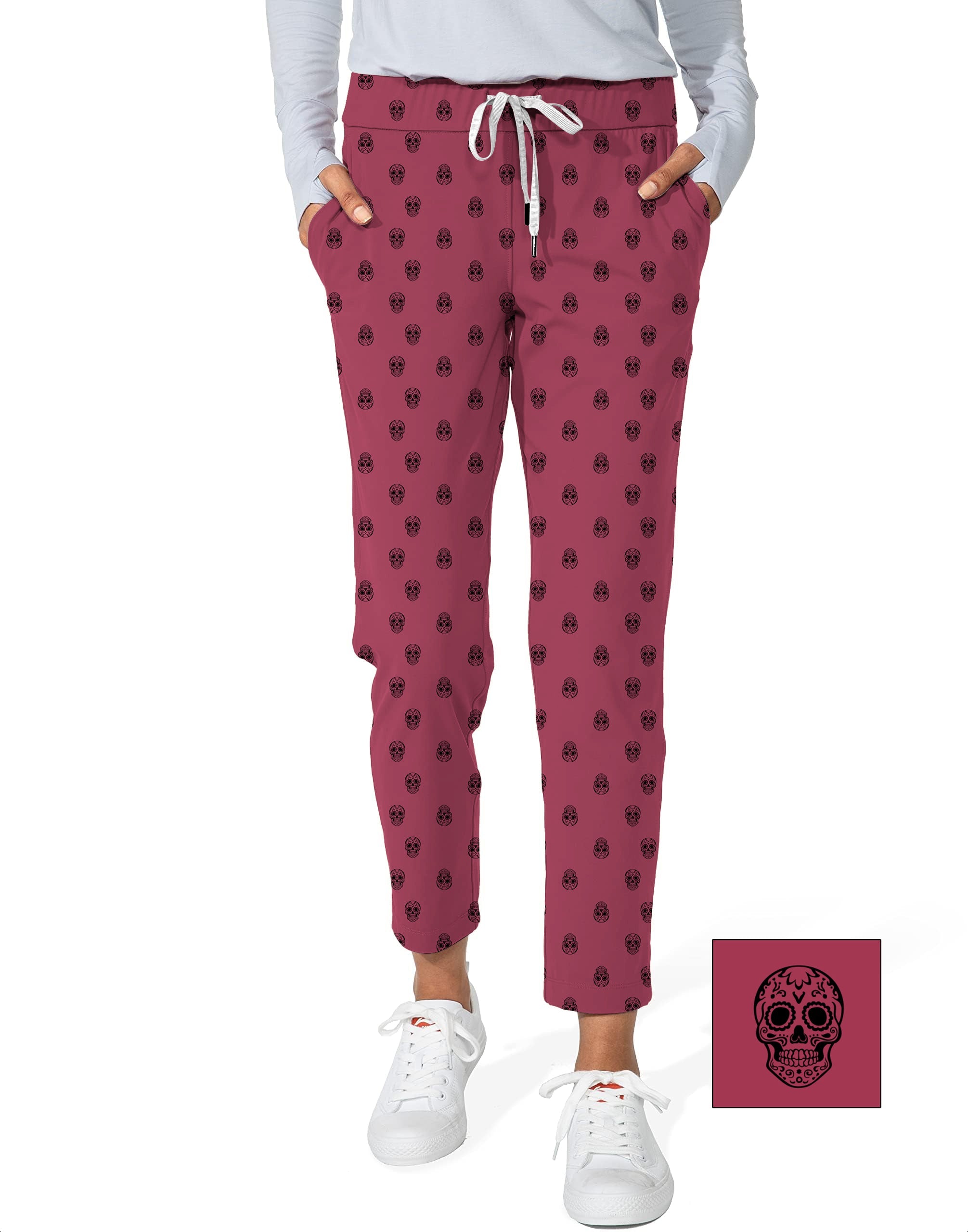 Women's 7/8 stretch ankle golf pants with custom skull print in burgundy color