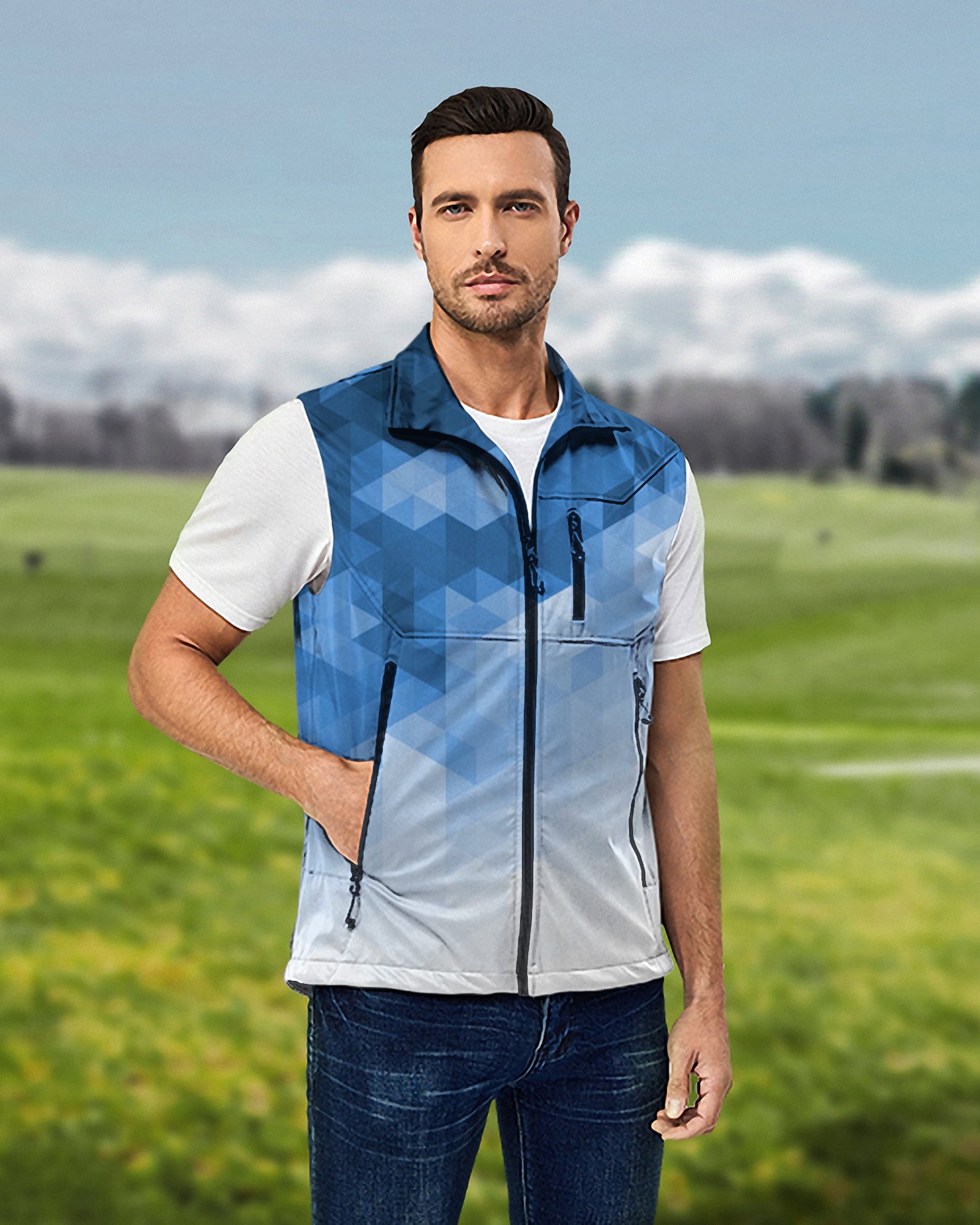 Men's Abstract Blue Background With Triangular Pattern Lightweight Softshell Vest Sleeveless Jacket for Golf Windproof Waterproof