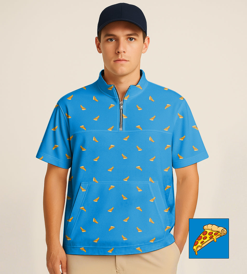 Blue half zipper turtleneck golf shirt with pizza slice print and short sleeves