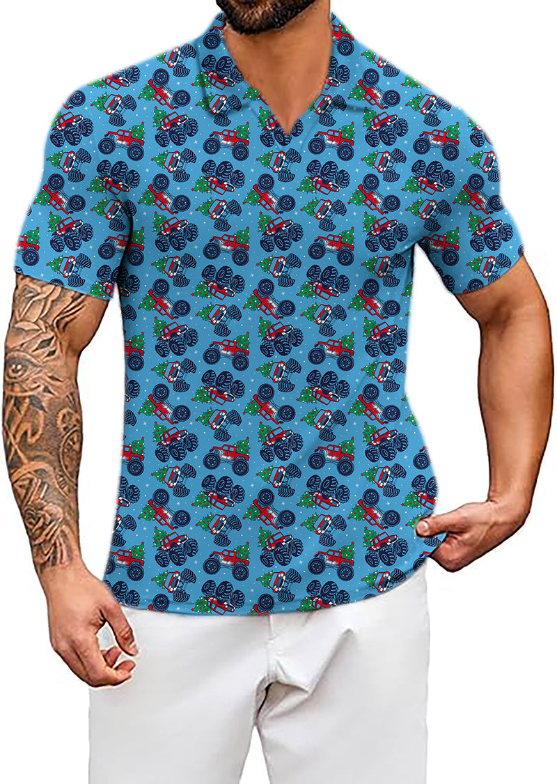 Men's Coconut Palm navy blue Christmas truck print shirt with four-way stretch and UPF 40+ protection