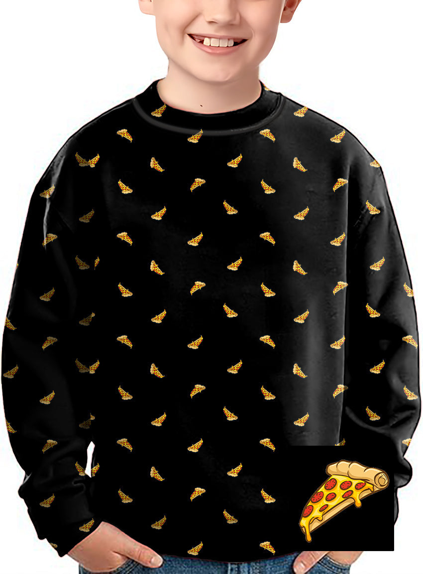 Kids black crewneck pullover with delicious white pizza slice pattern and custom background color option