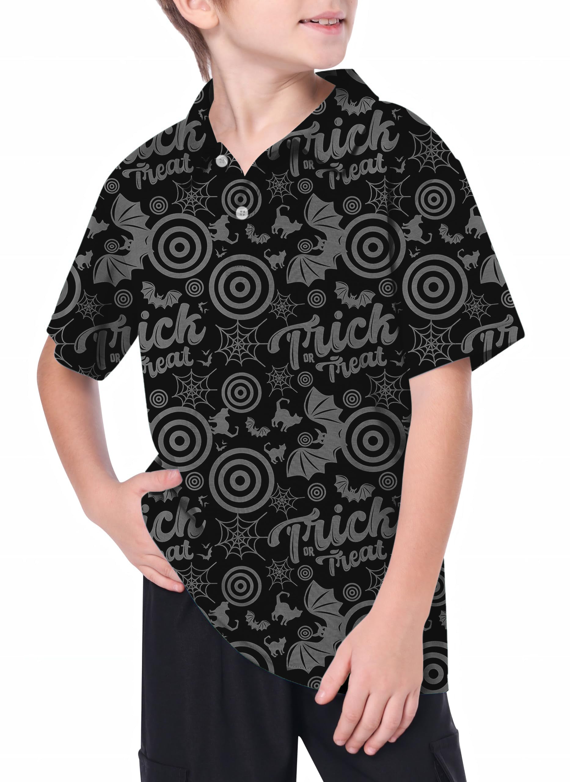 Youth Halloween Circle Bat Cat golf polo shirt with Halloween design for kids