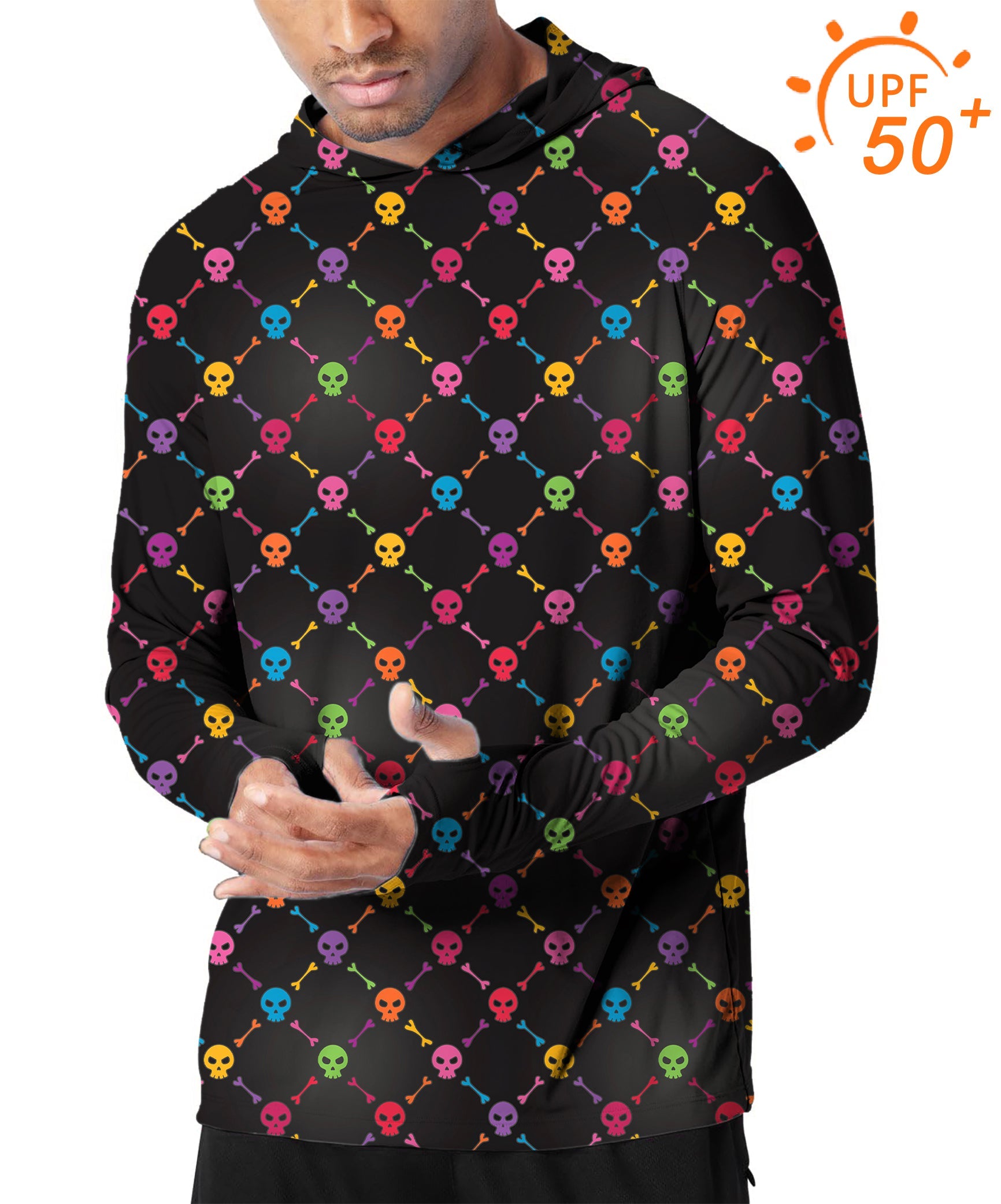 Men's outdoor slim fit hoodie with colorful skull bones pattern and UPF 50+ sun protection