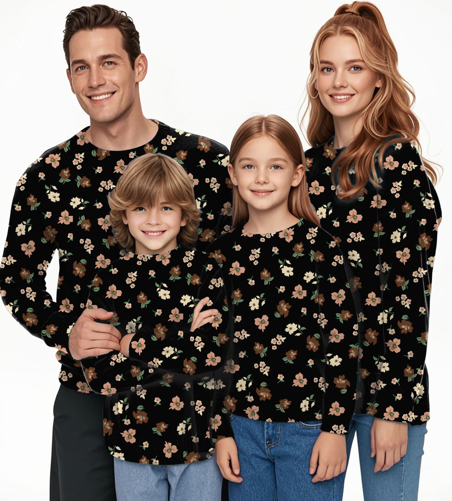 Family wearing black flower crewneck pullover ugly sweaters for men, women, boys, and girls