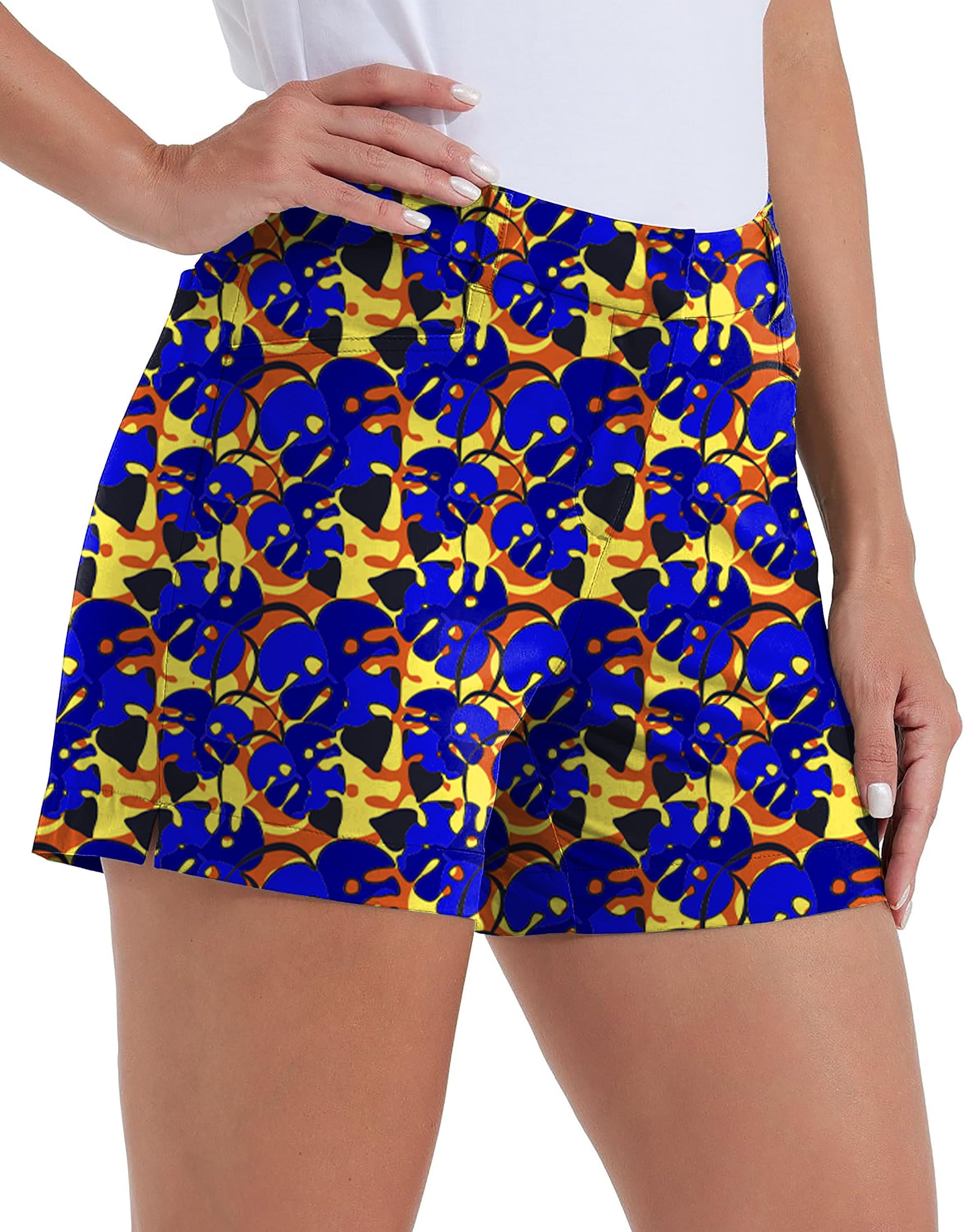 Women's quick-drying golf shorts with tropical leaves and plants pattern, waterproof and casual with pockets