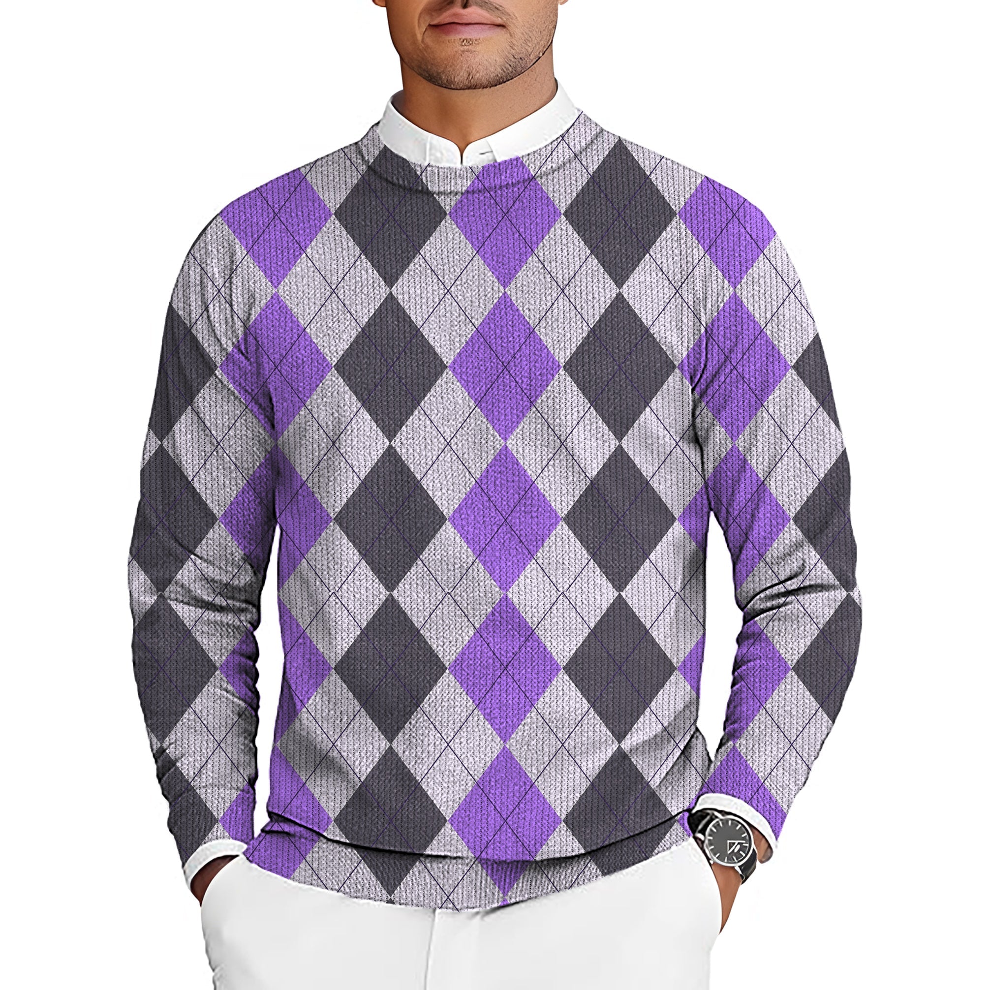 Purple grey argyle men's golf crewneck pullover sweater with custom team logo option