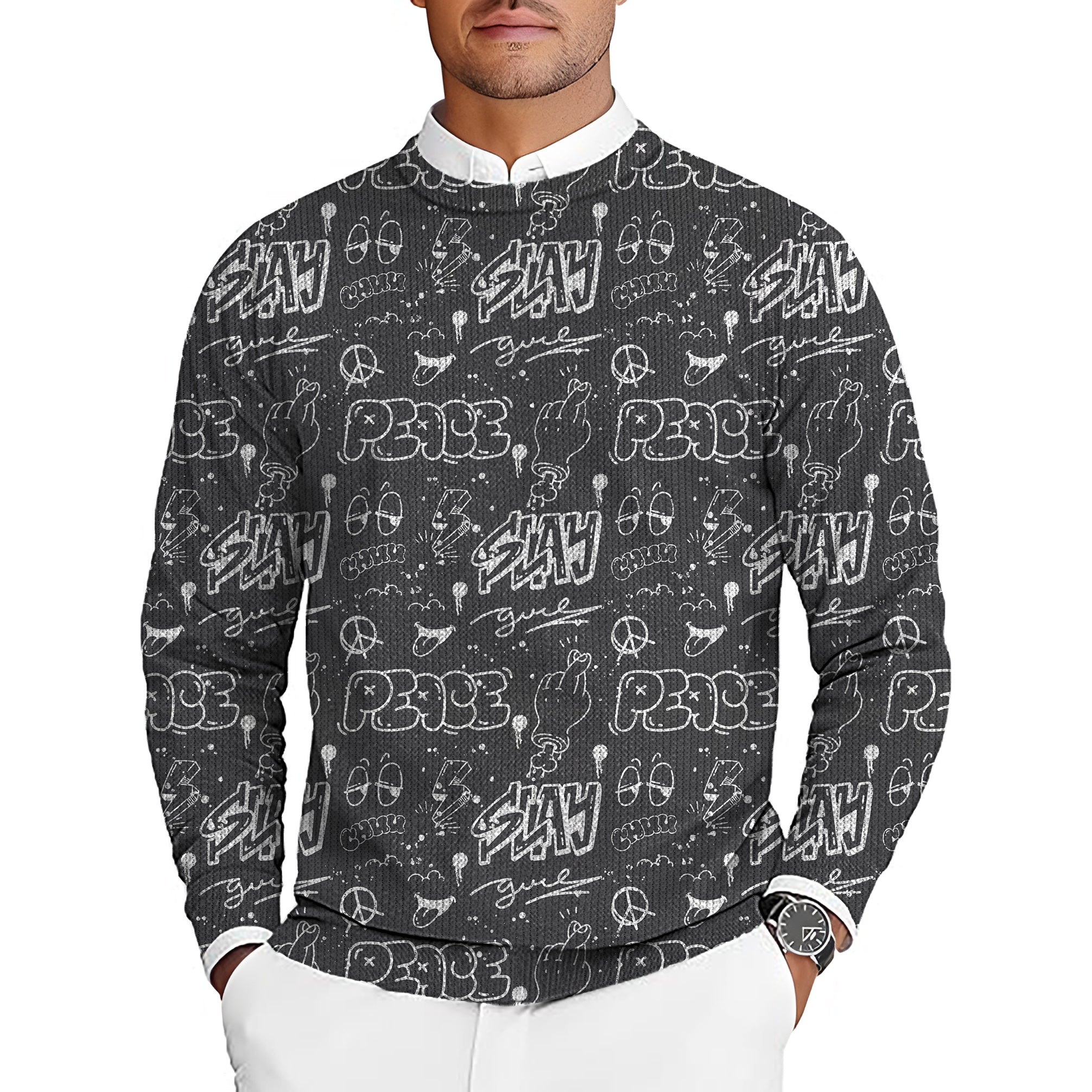 Gray Slay Peace men's golf crewneck pullover sweater with graphic print pattern