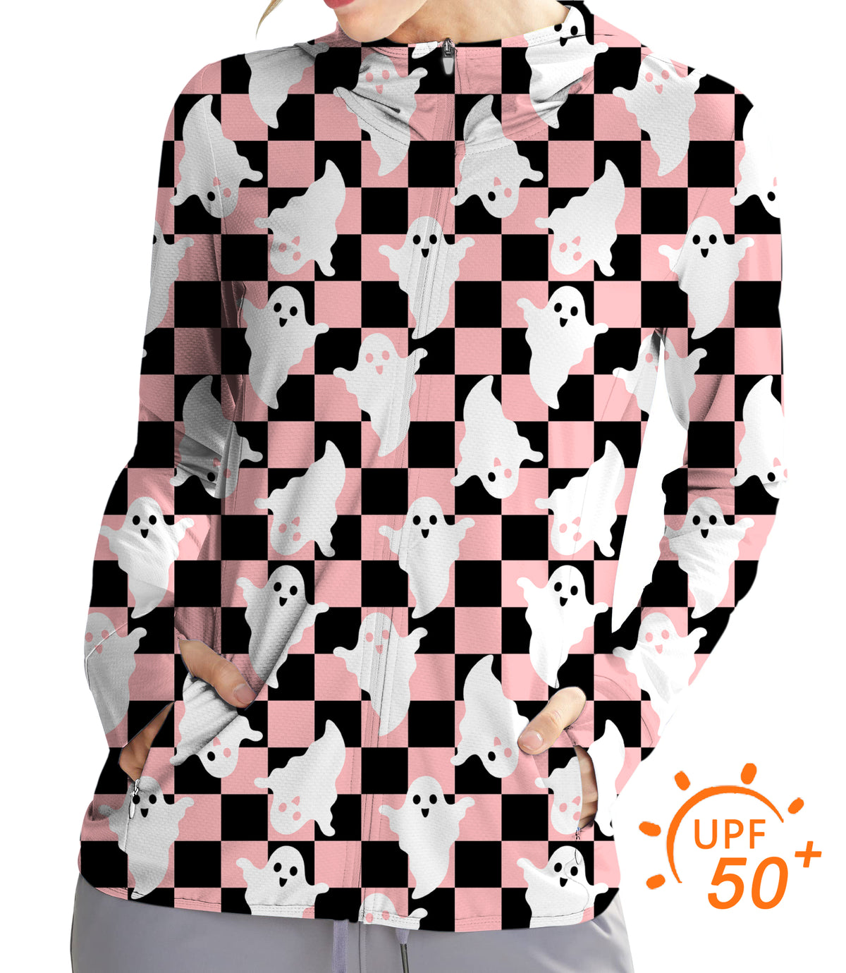 Women's Outdoor Halloween Black and White Checkerboard Ghost Golf Sun Protection Slim Fit zip hoodies