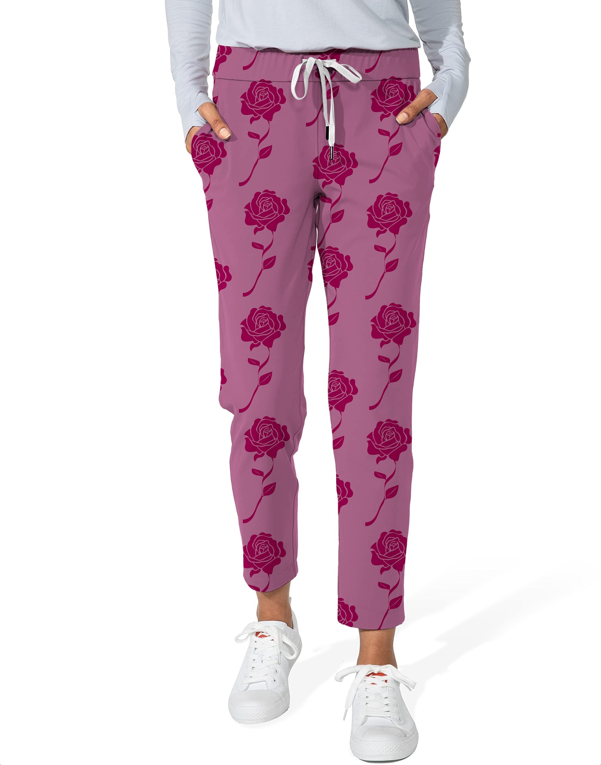 Women's 7/8 stretch ankle golf pants with red roses pattern