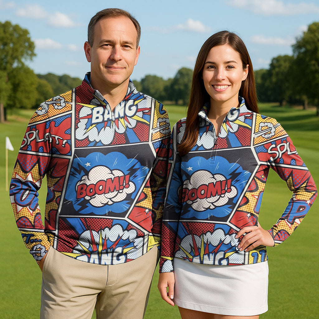 Couple wearing COMICS BANG colorful comic print 3/4 zip golf tops with long sleeves on golf course