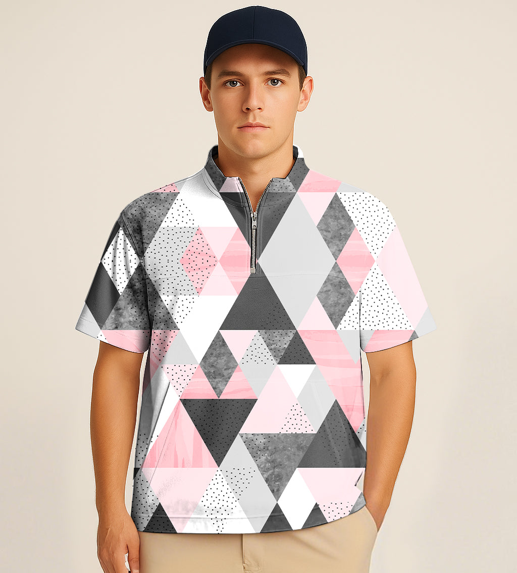 Men's half zipper turtleneck golf short shirt with geometric pink and gray pattern and embroidery