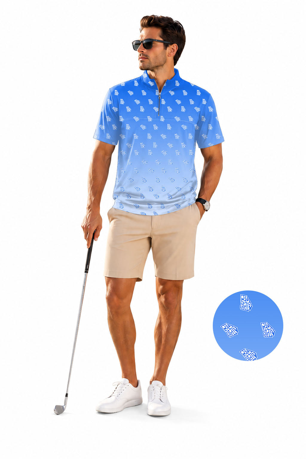 Men's Short Sleeve Quarter Zip Golf Pullover Blue Georgia Embroidery