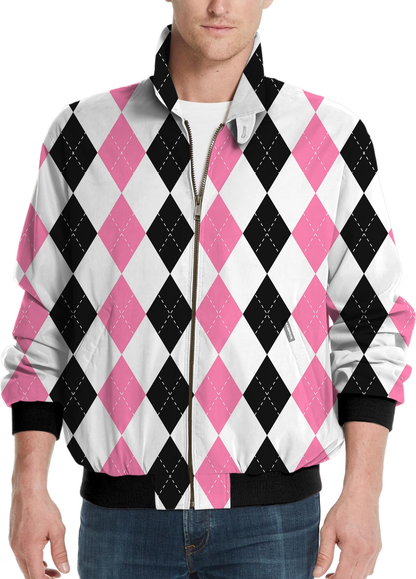 Men's golf windbreaker jacket with pink and black argyle pattern