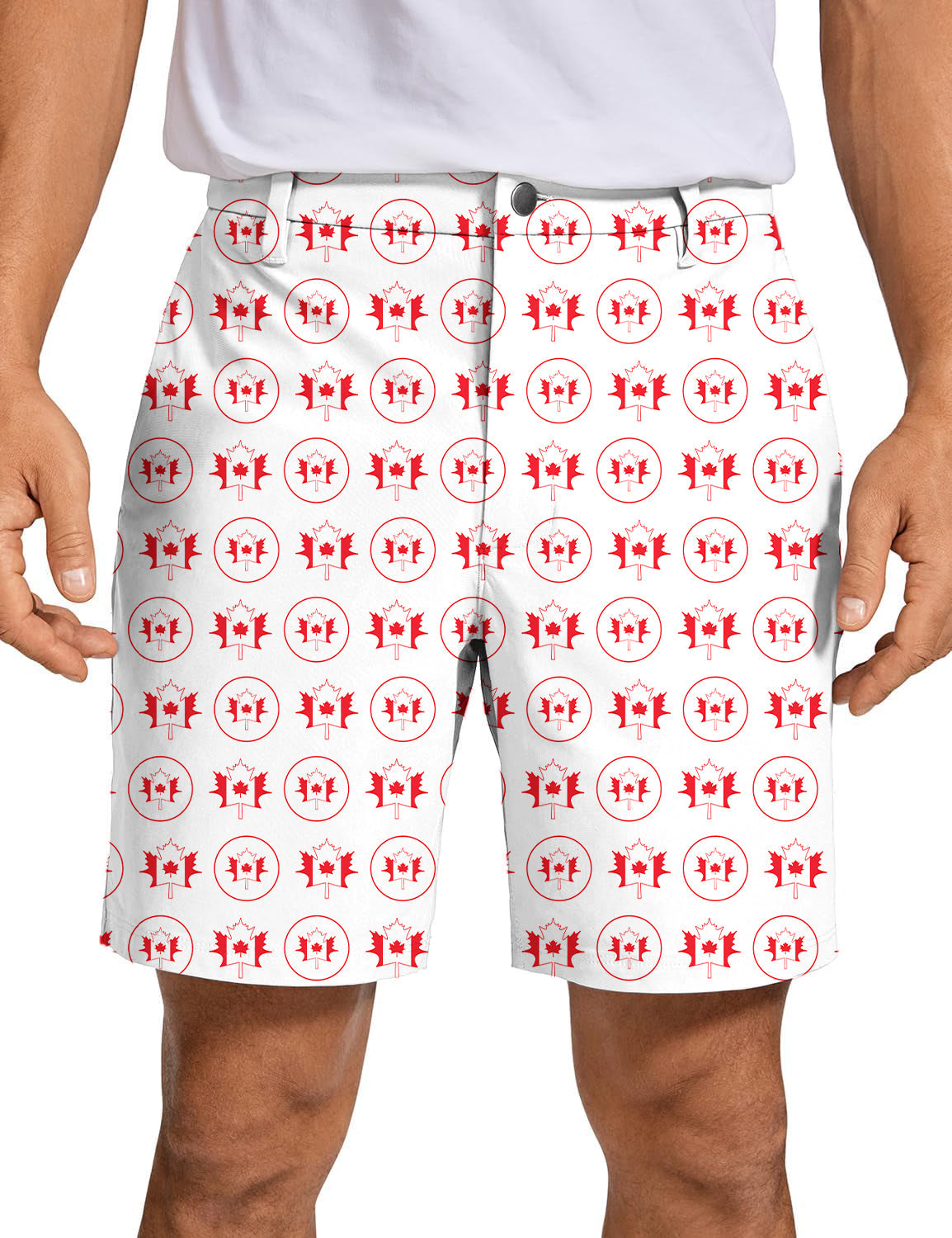 Men's Circle Canada golf shorts with red maple leaf pattern, quick-dry, lightweight, and wrinkle-free polyester fabric.