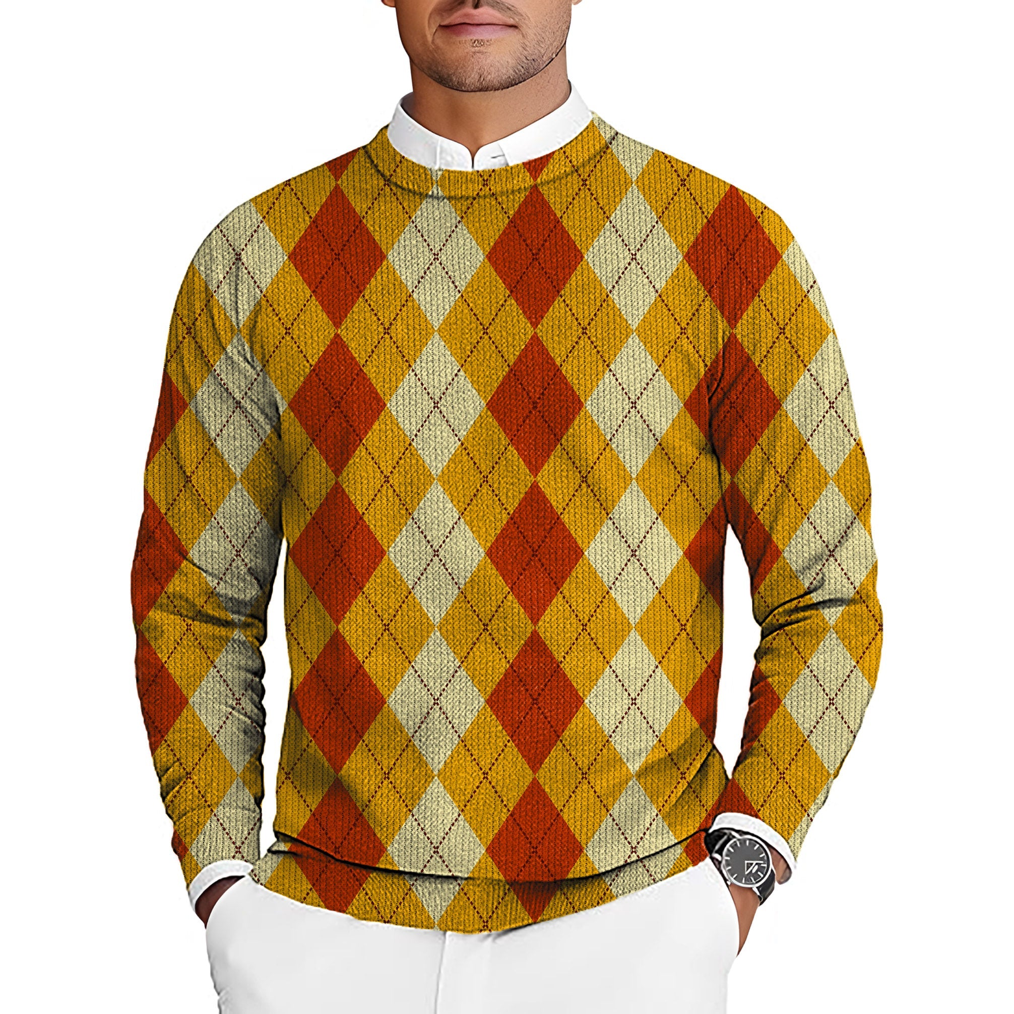 Halloween light yellow and red argyle men's golf crewneck pullover sweater