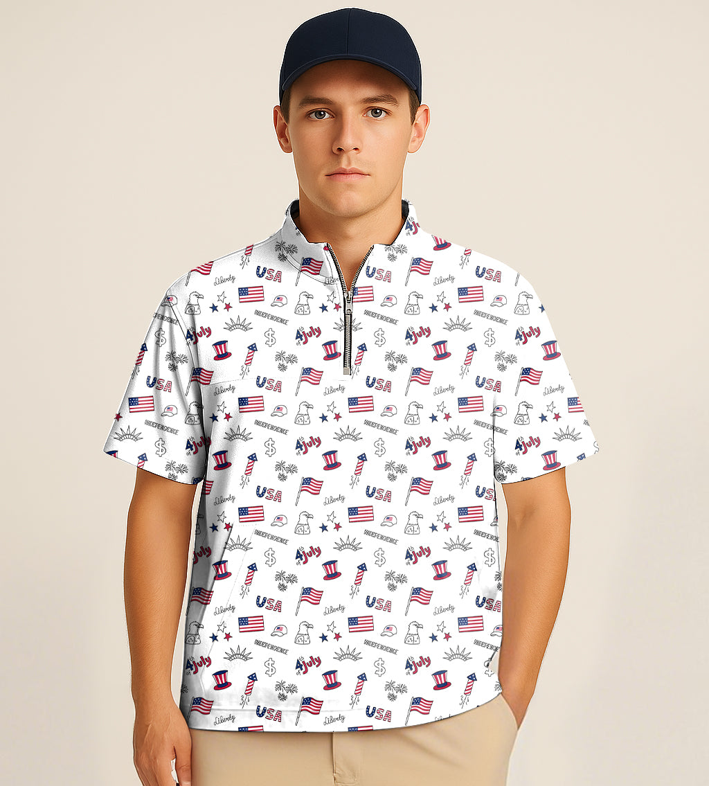Male model wearing half zipper turtleneck golf shirt with American flag quilting and embroidery pattern