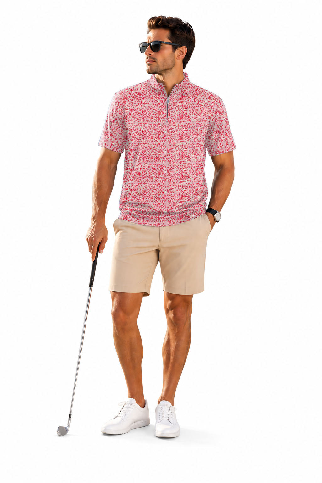 Men's Short Sleeve Quarter Zip Golf Pullover Simple Pink Flower Drawing Embroidery
