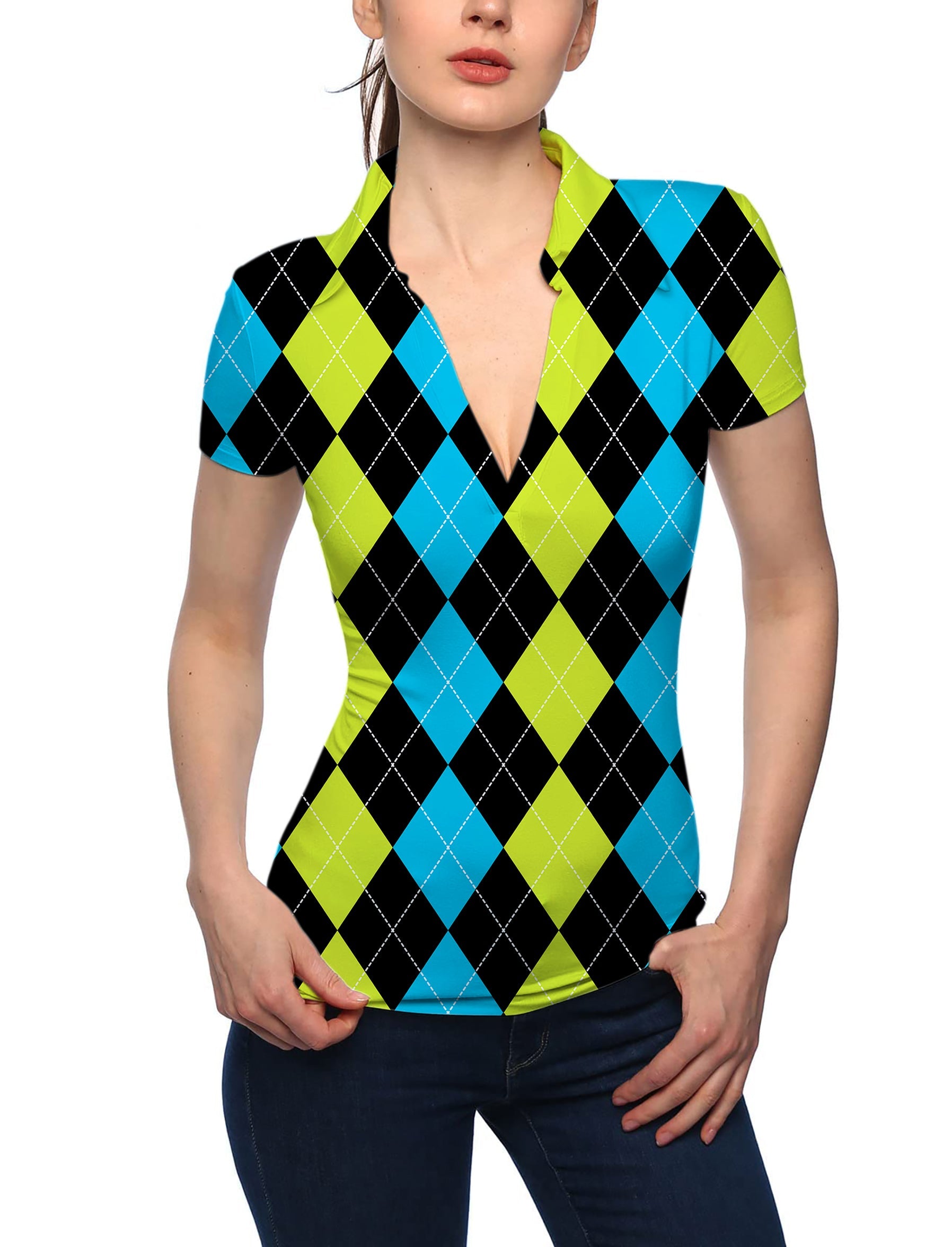 Women's Halloween black green blue argyle V neck golf polo shirt with stand collar and short sleeves.
