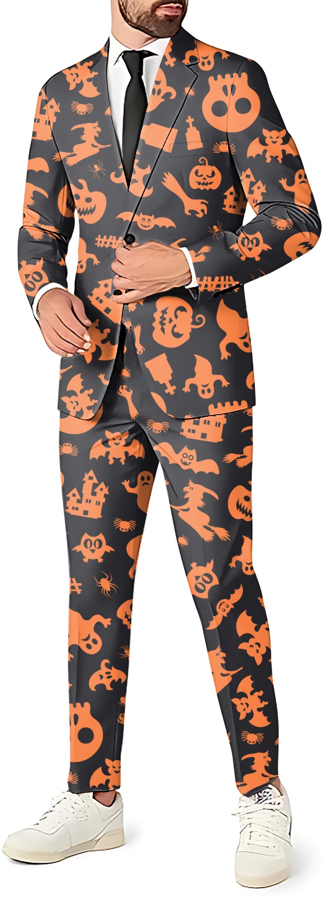 Spooky Halloween men's suit set with blazer, pants, and vest featuring orange Halloween-themed patterns on black background