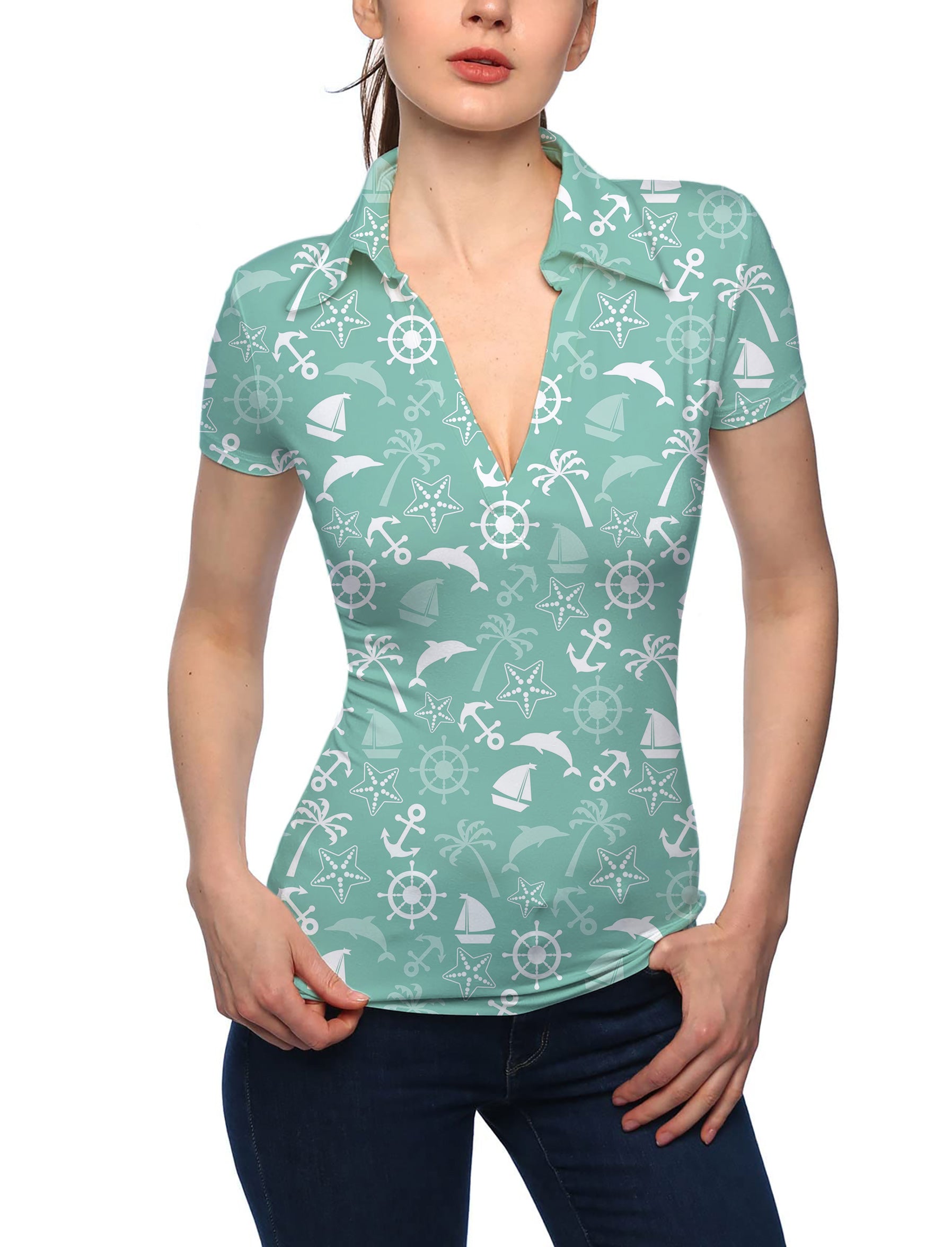 Women's ship's anchor V Neck Golf Polo