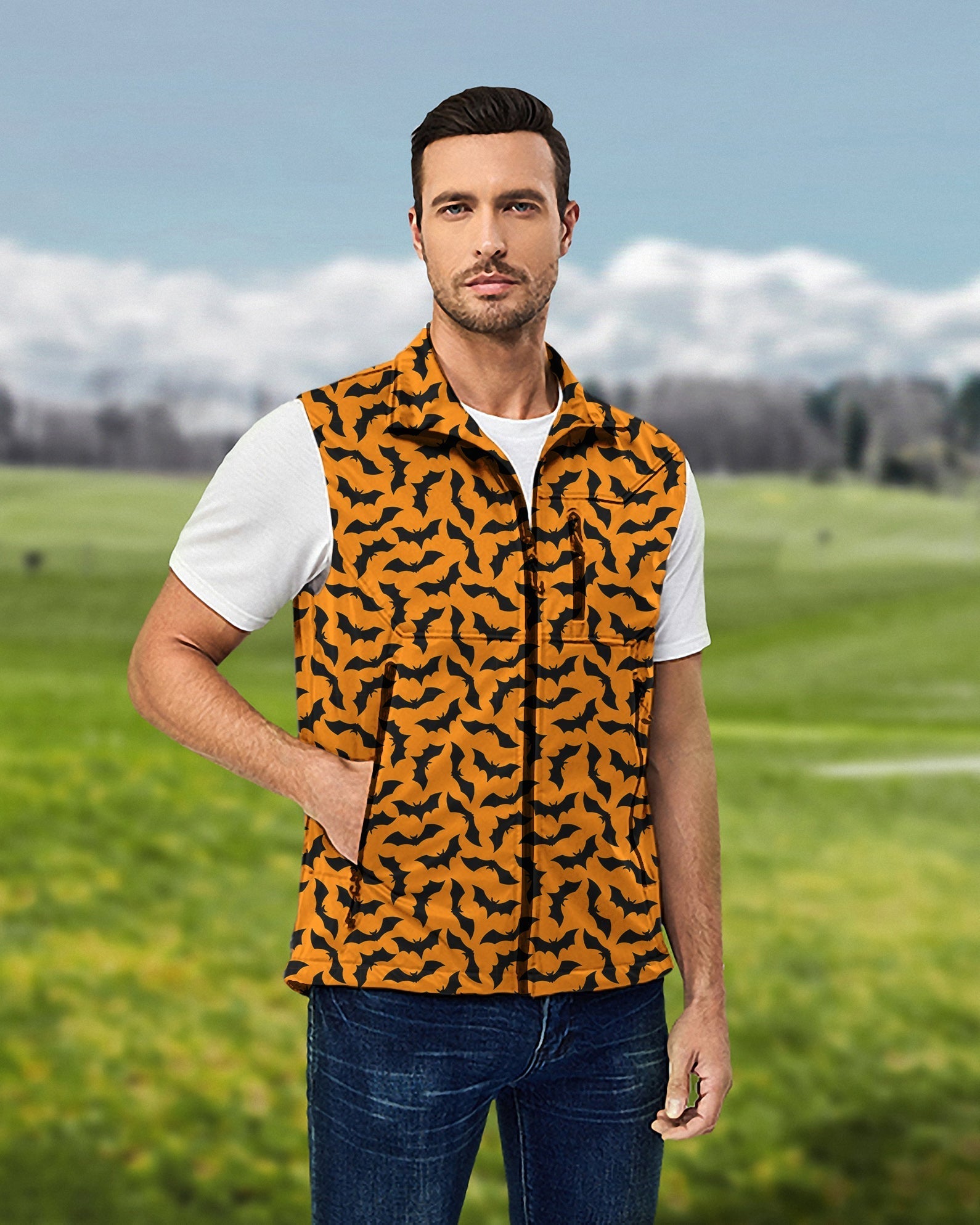 Men's Halloween Bat lightweight softshell vest with orange bat pattern, sleeveless and windproof for golf.