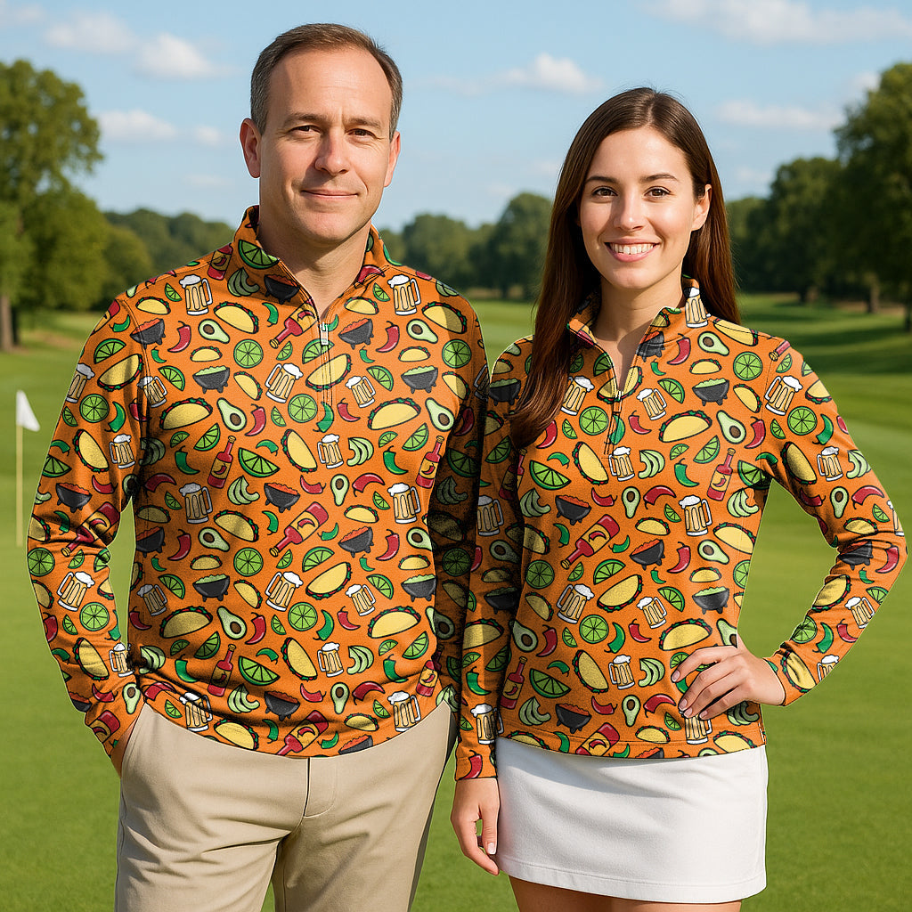 Mexico Taco Tuesday couple golf active 3/4 zip tops with festive taco and lime print, lightweight and sun-safe long sleeves