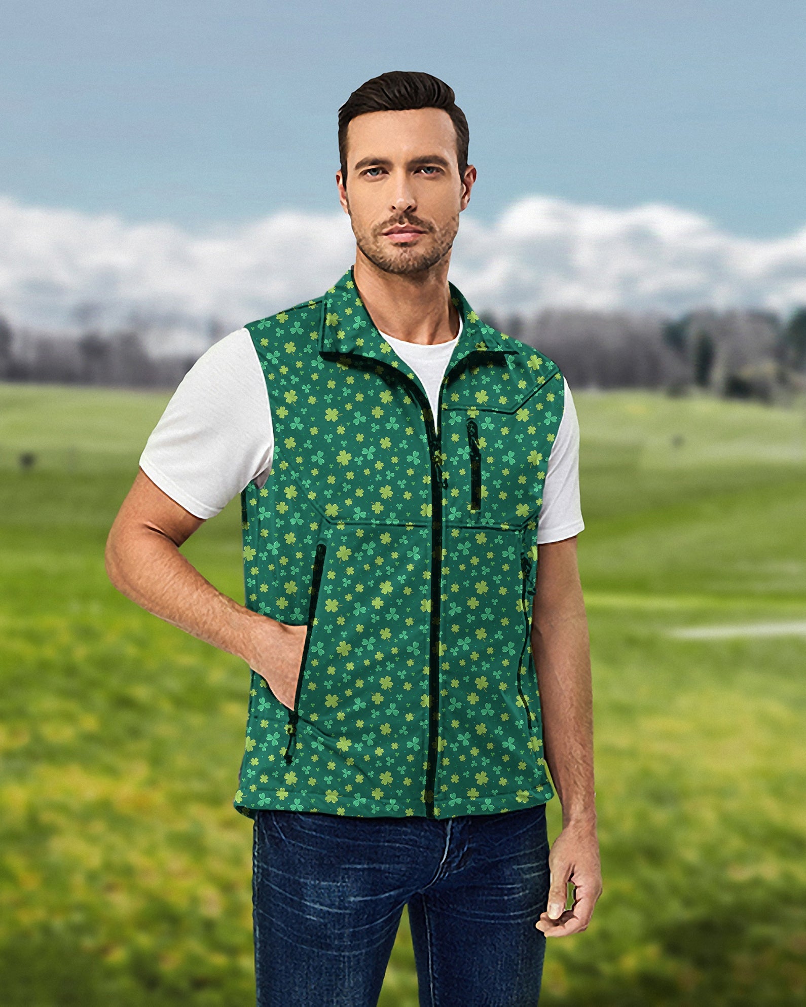 Men's St. Patrick's Day lightweight softshell vest sleeveless jacket with leaf clover design for golf outdoors