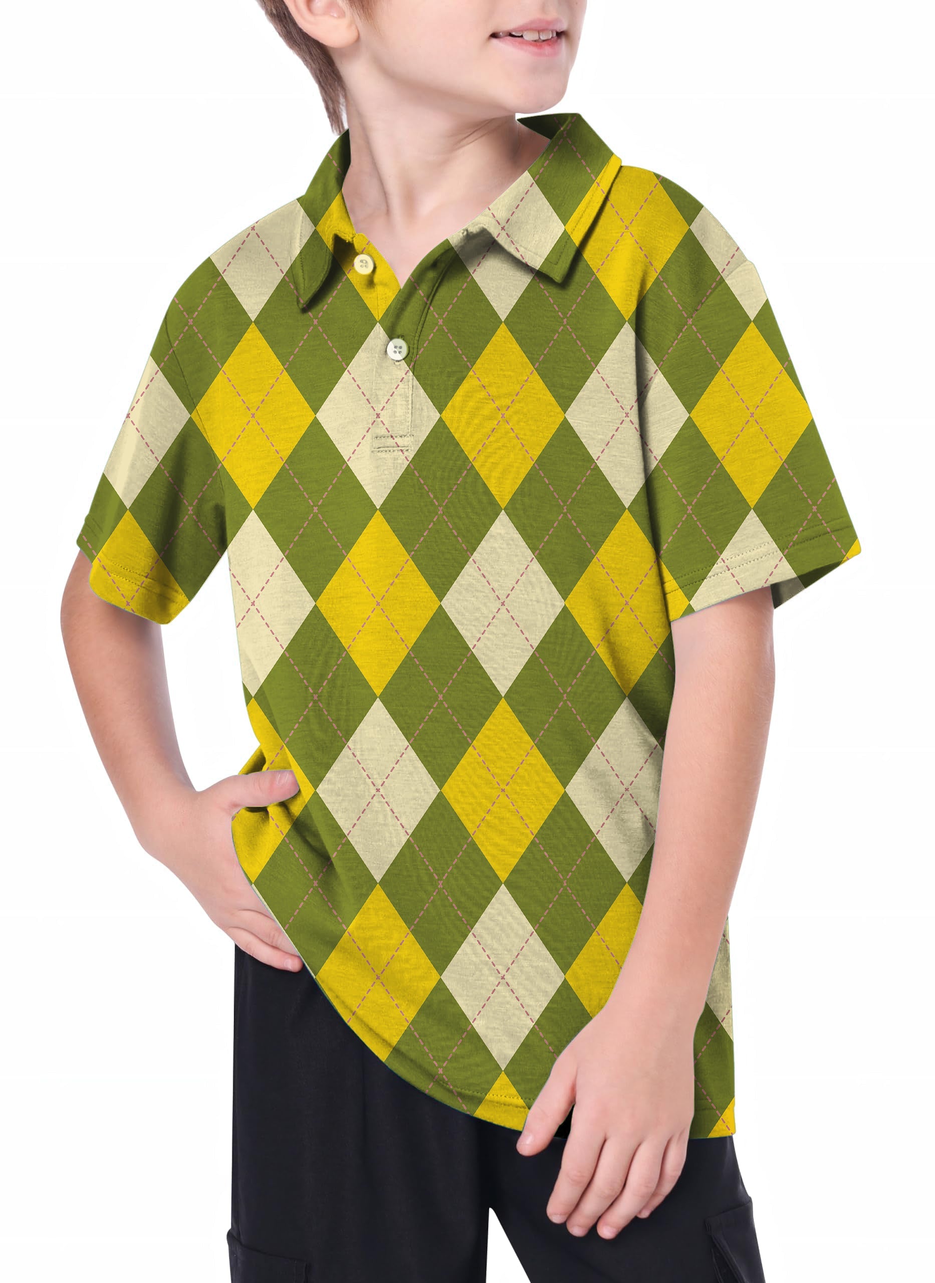 Youth Yollow Argyle golf polo for youth with 4-way stretch, moisture-wicking, and UPF 40+ protection