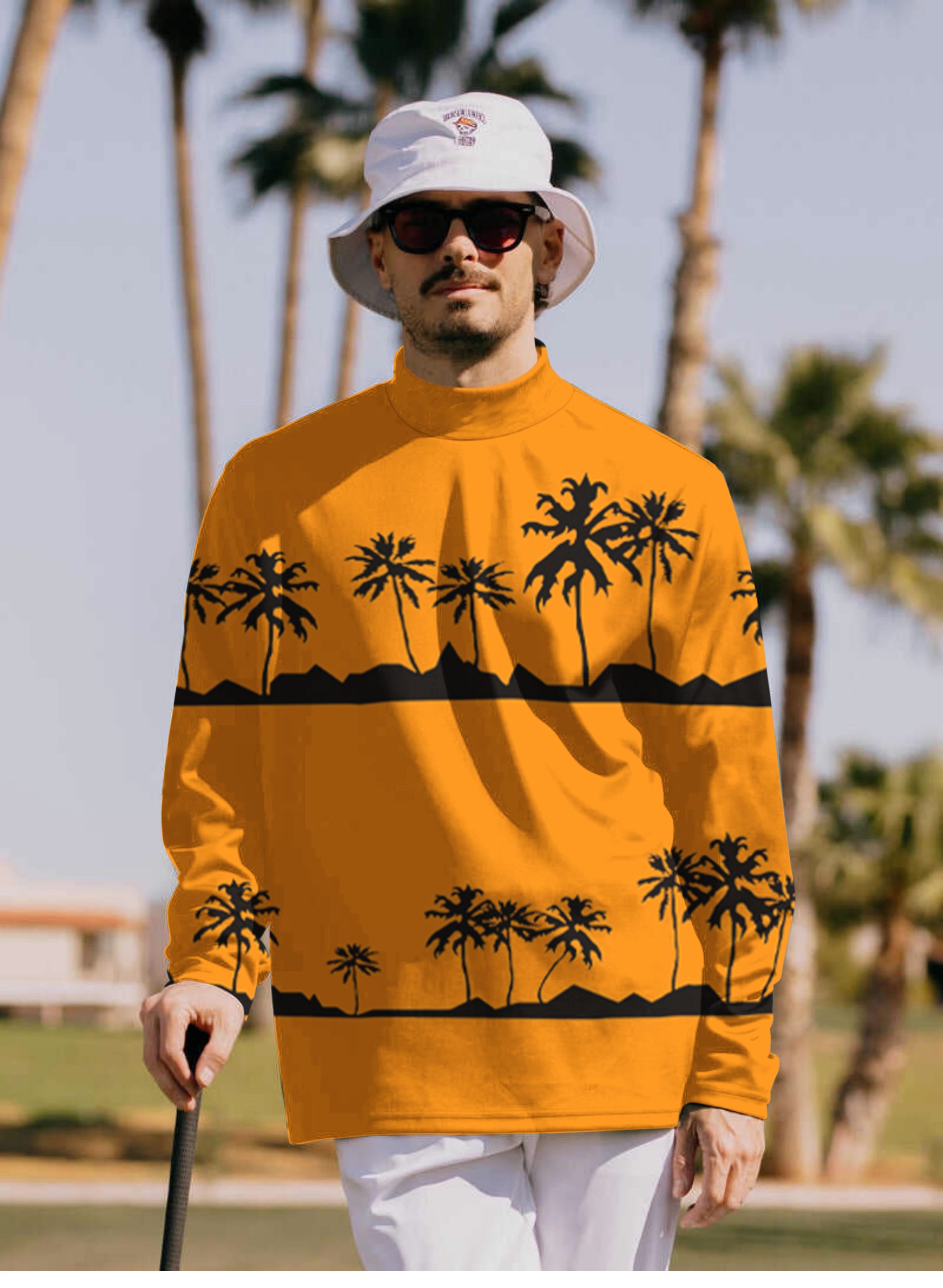 Men's high neck pullover T-shirt with setting sun and coconut tree design