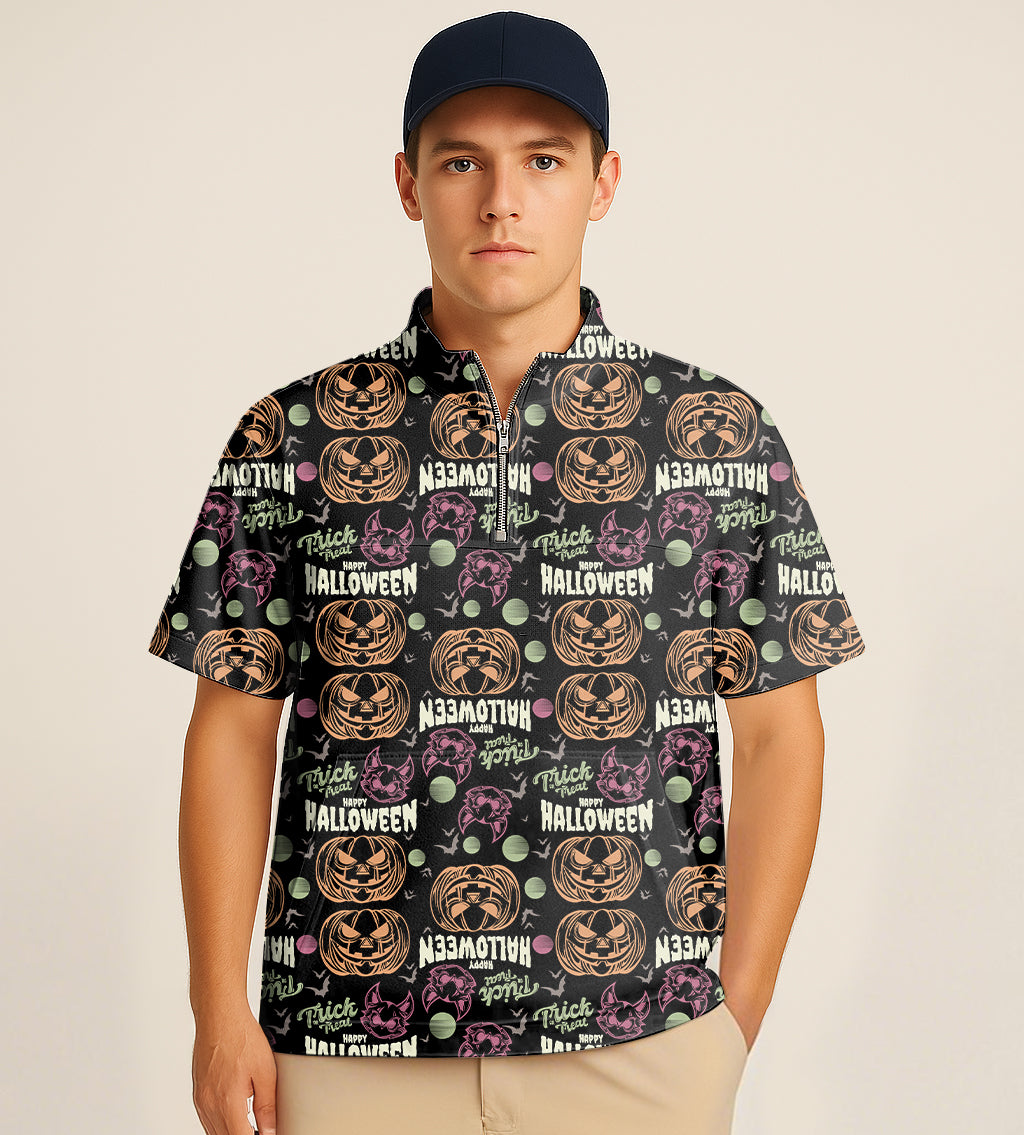 Half zipper turtleneck golf shirt with colorful Halloween pumpkin embroidery and short sleeves
