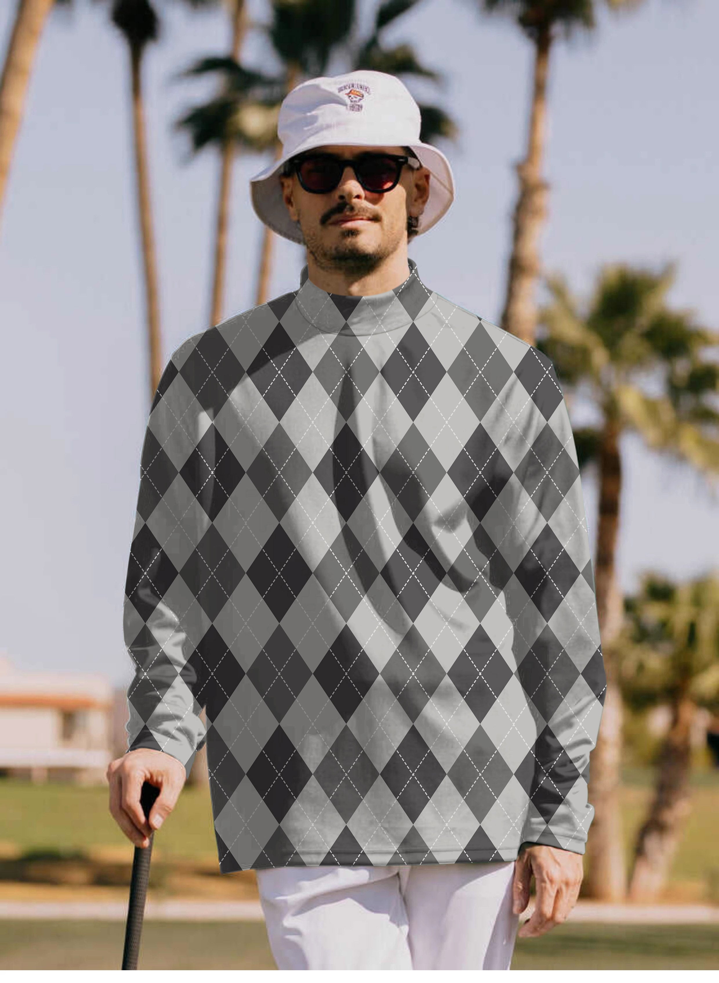 Men's grey Argyle Pullover High neck Long/Short sleeve T-Shirt