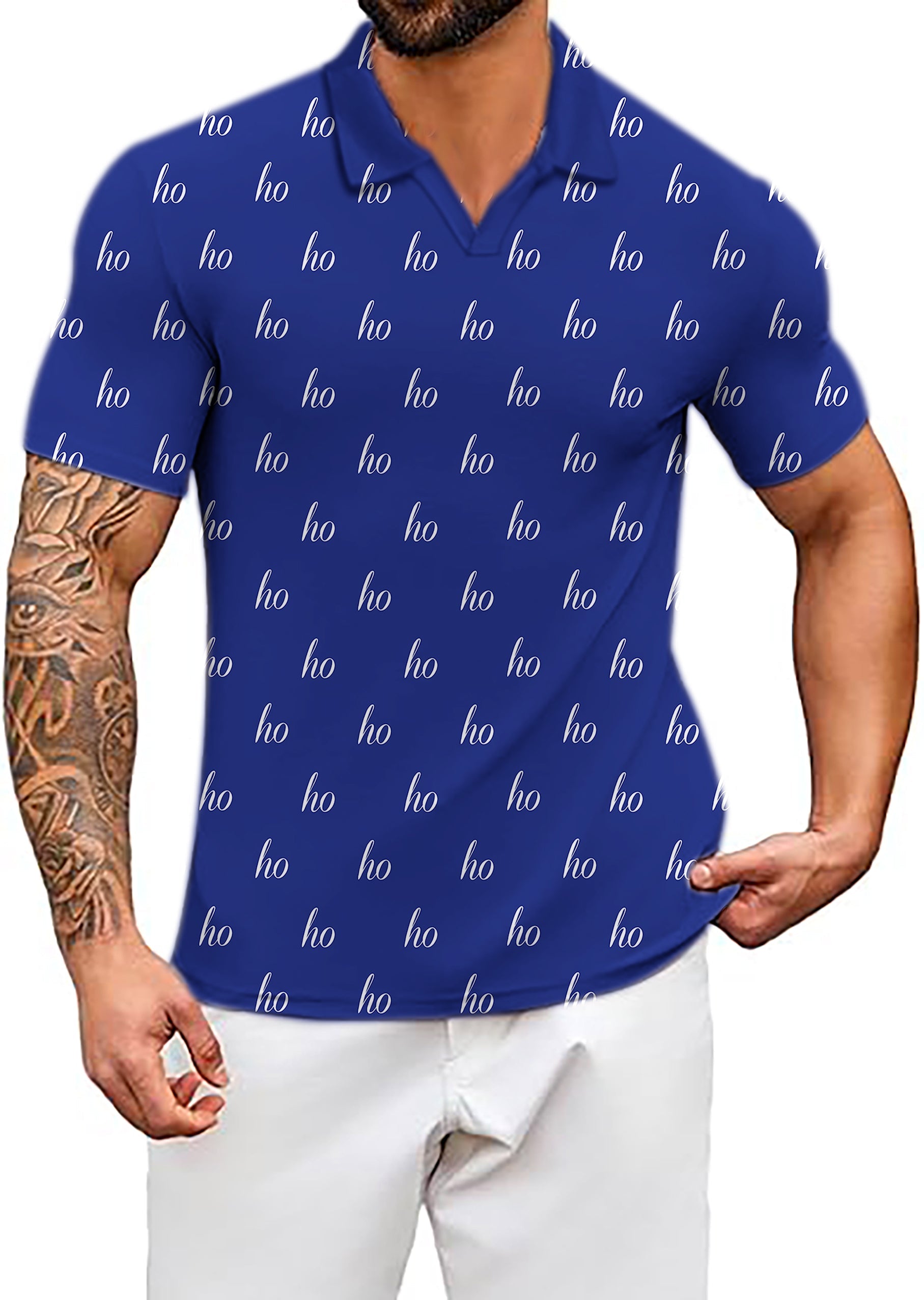 Men's Coconut Palm navy blue ink dots polo shirt with custom name and Christmas design