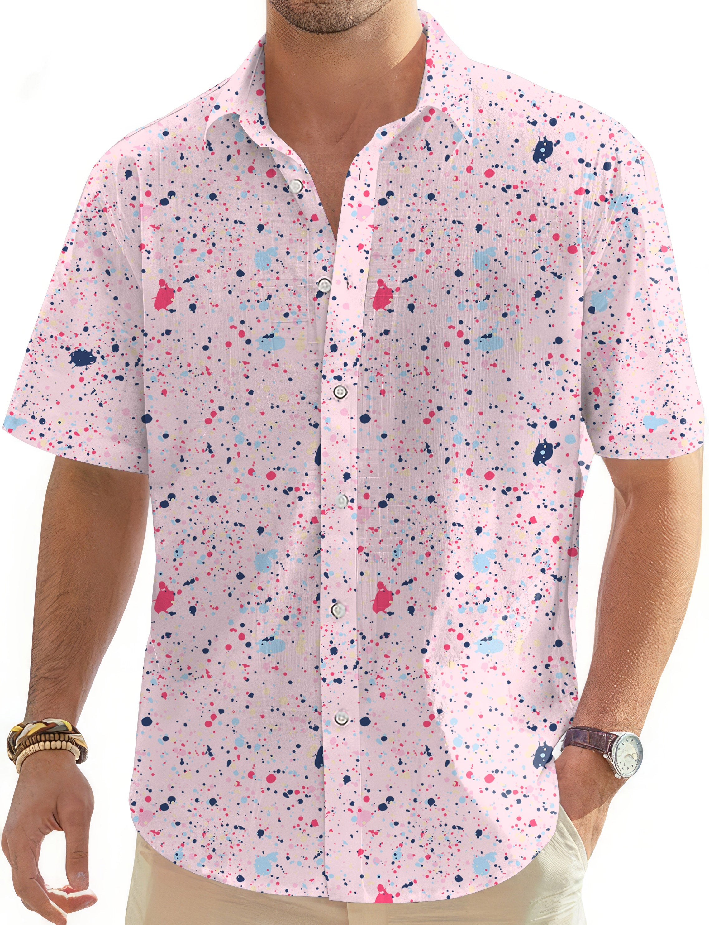 Men's black pink ink dots Hawaiian golf shirt with button-down and short sleeves