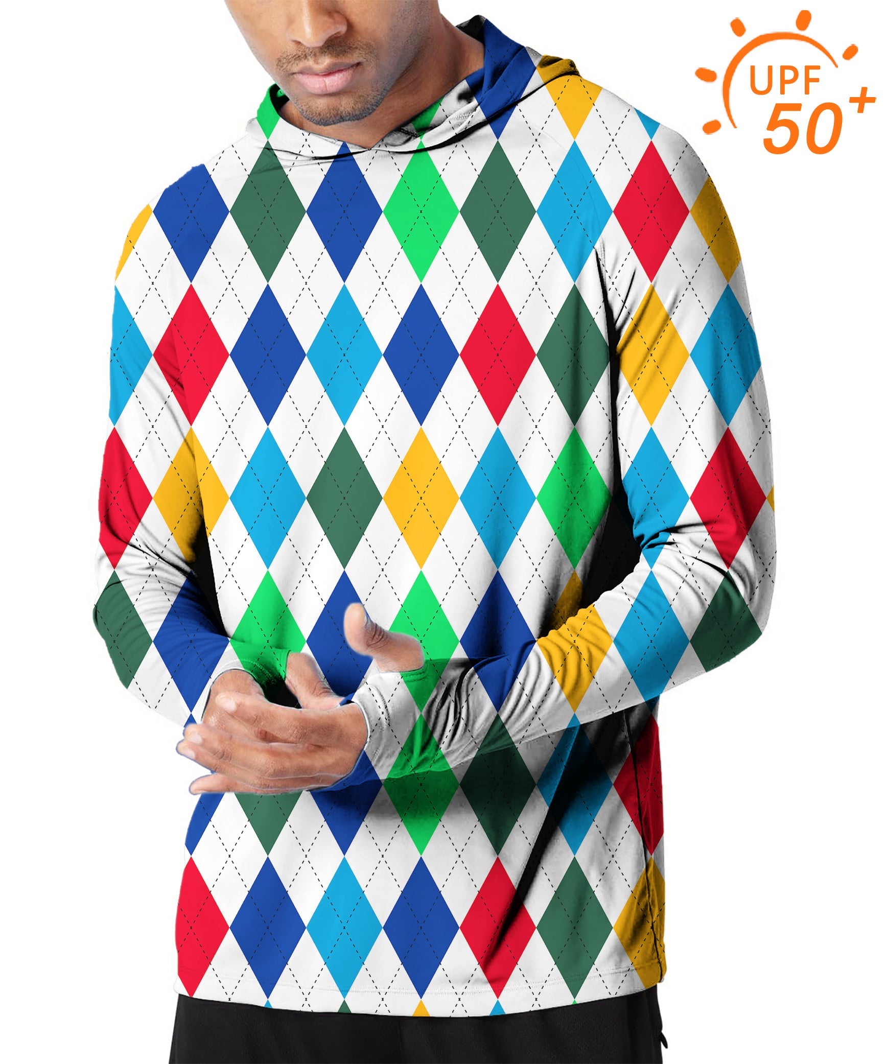 Men's Outdoor Argyle colorful slim fit hoodie with UPF 50+ sun protection and thumb holes for outdoor activities