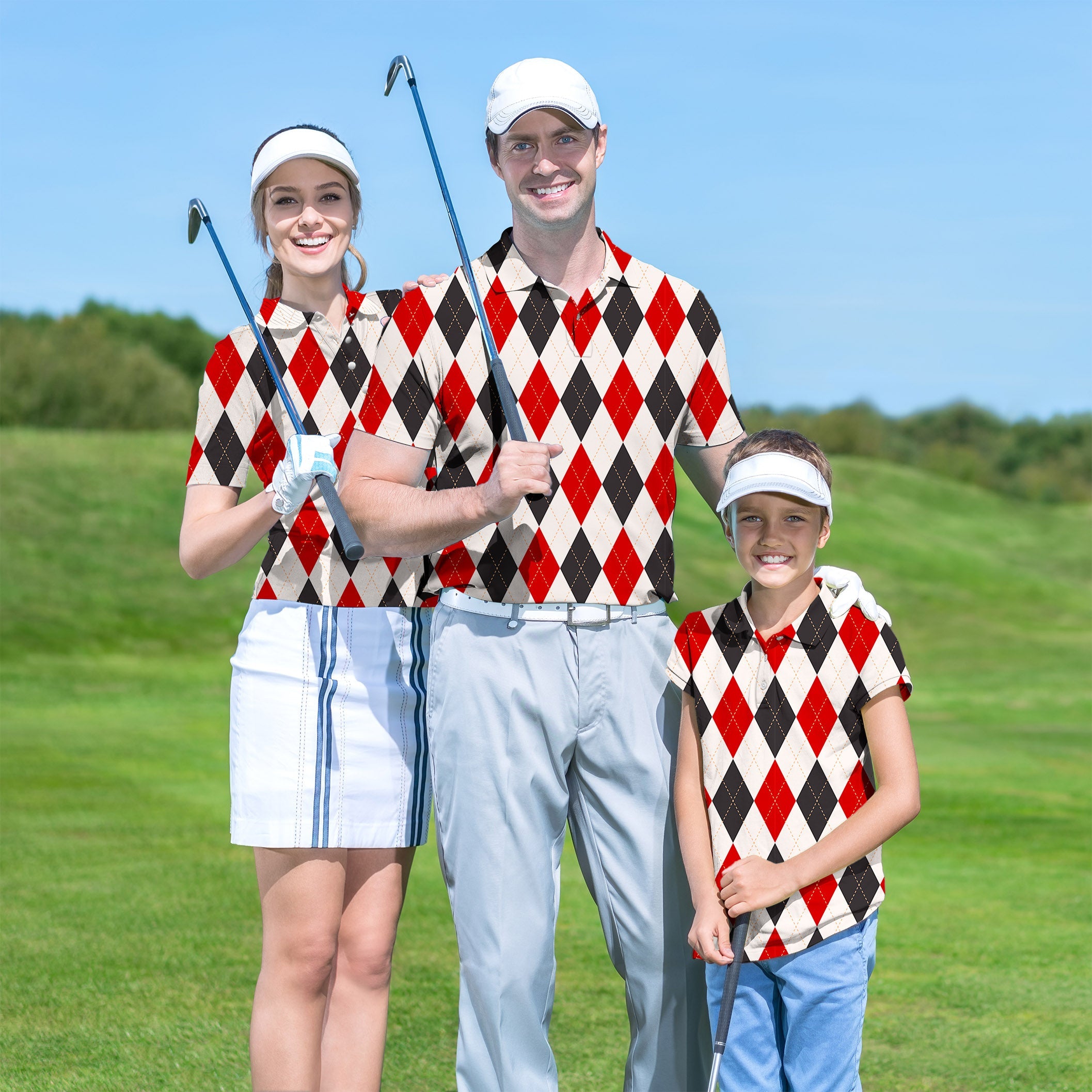 Family wearing customized red and black argyle golf shirts on course