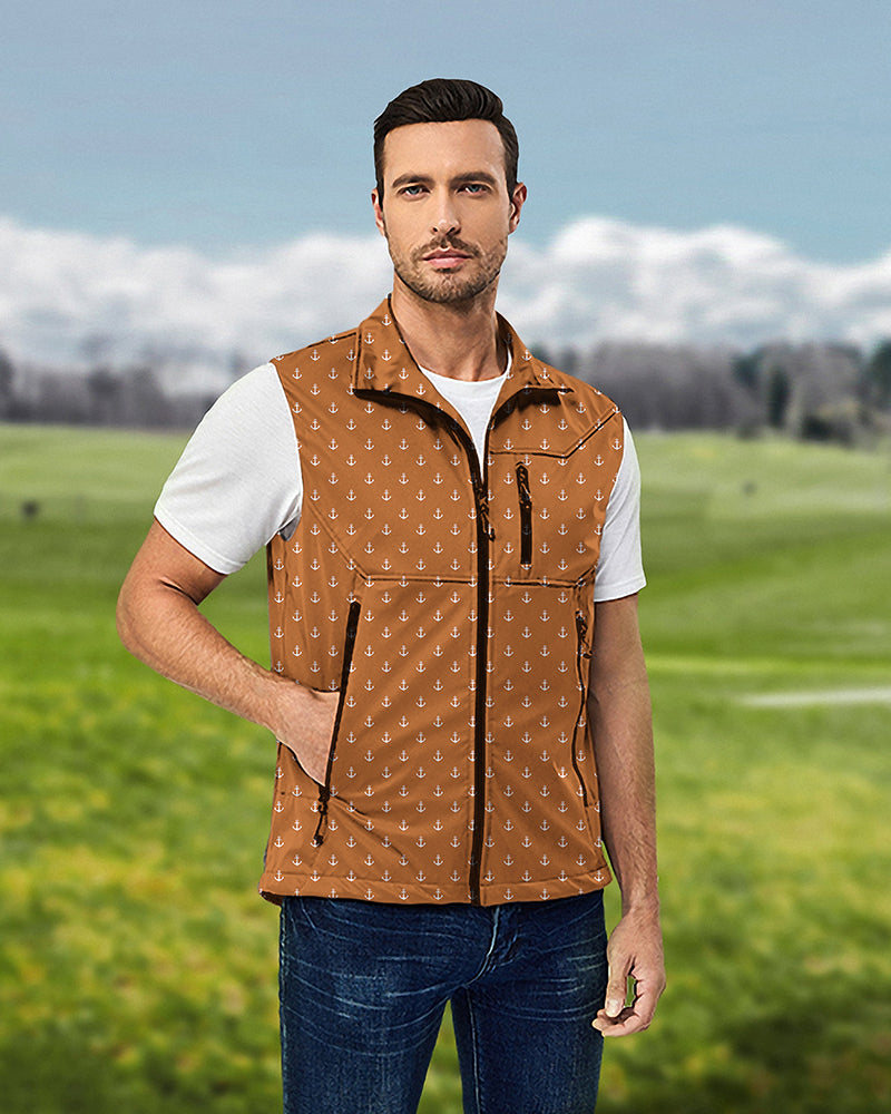 Men's orange anchor softshell vest sleeveless jacket for golf windproof waterproof