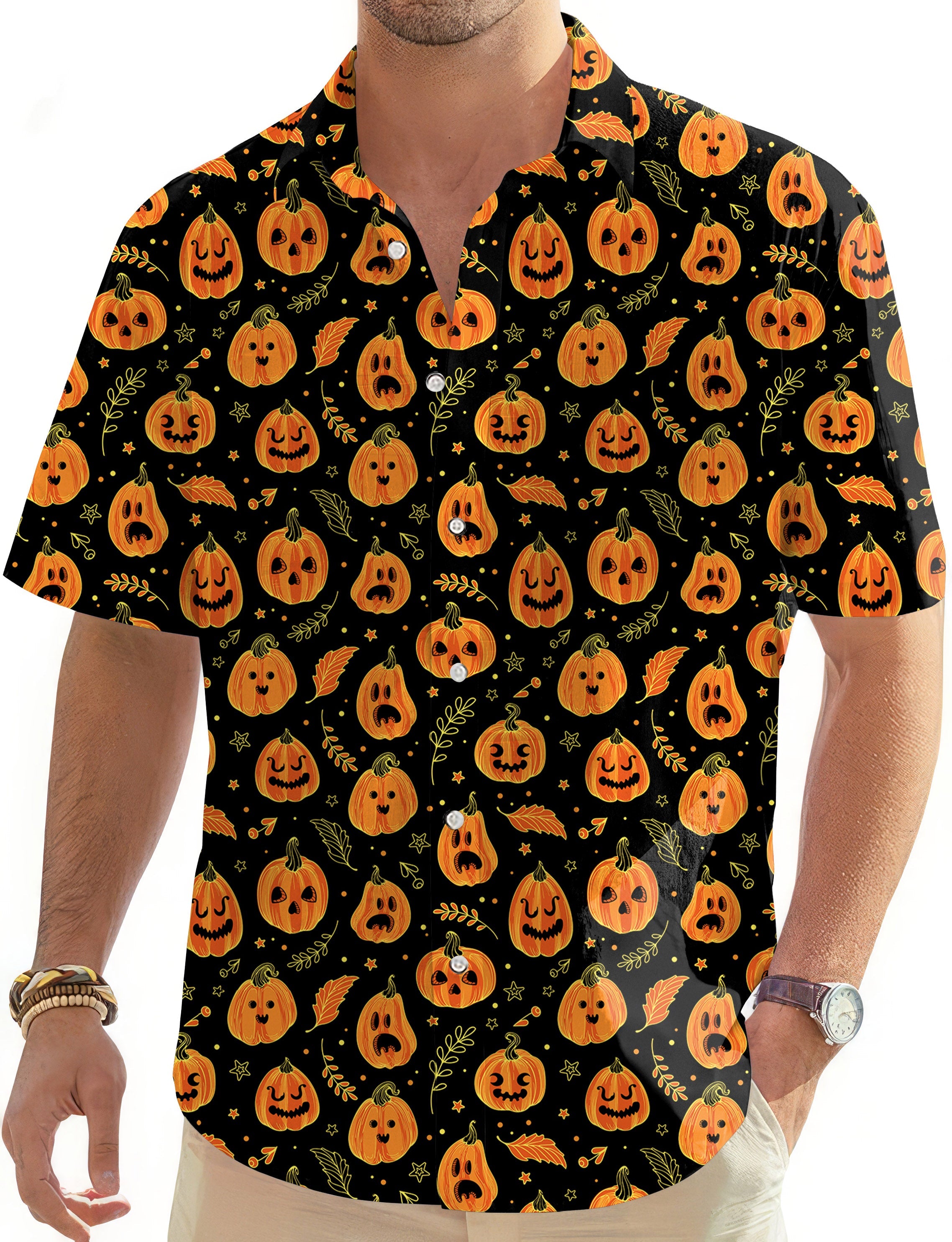 Men's Halloween Kawaii Pumpkin print button-down Hawaiian shirt with short sleeves and classic collar