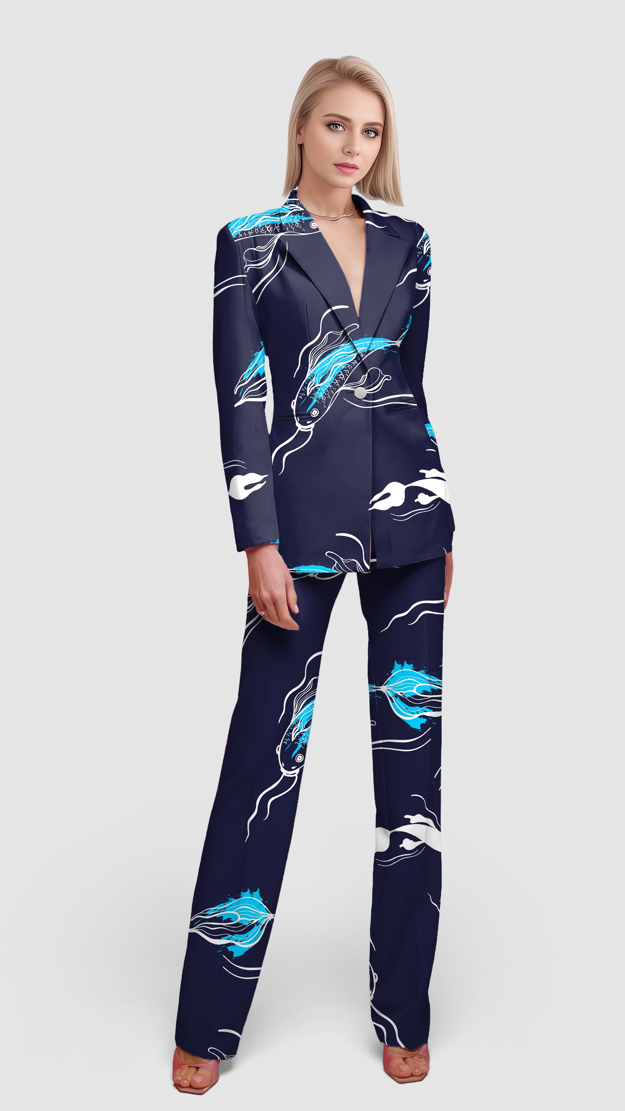 Diamond Accents Fish-Women's Blazer Casual Work Office Blazer Suit set