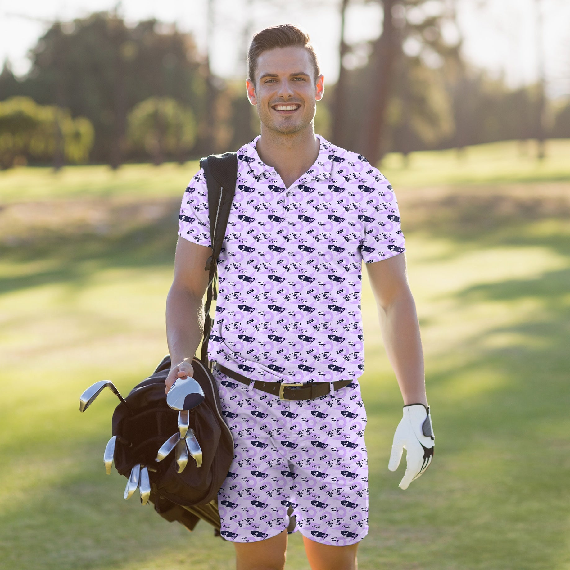 Men's Golf Set purple polo and shorts with four-way stretch and moisture-wicking fabric on golf course