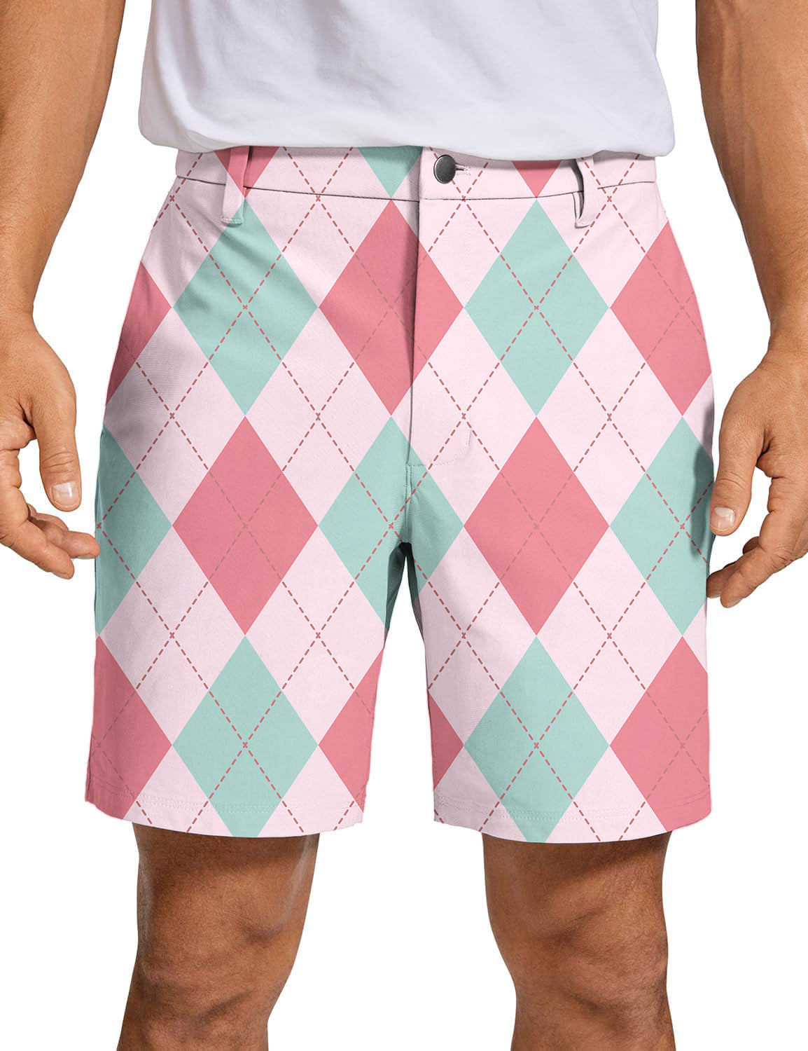 Men's pink Argyle golf shorts with quick-dry, breathable fabric and two-way stretch for comfort and style