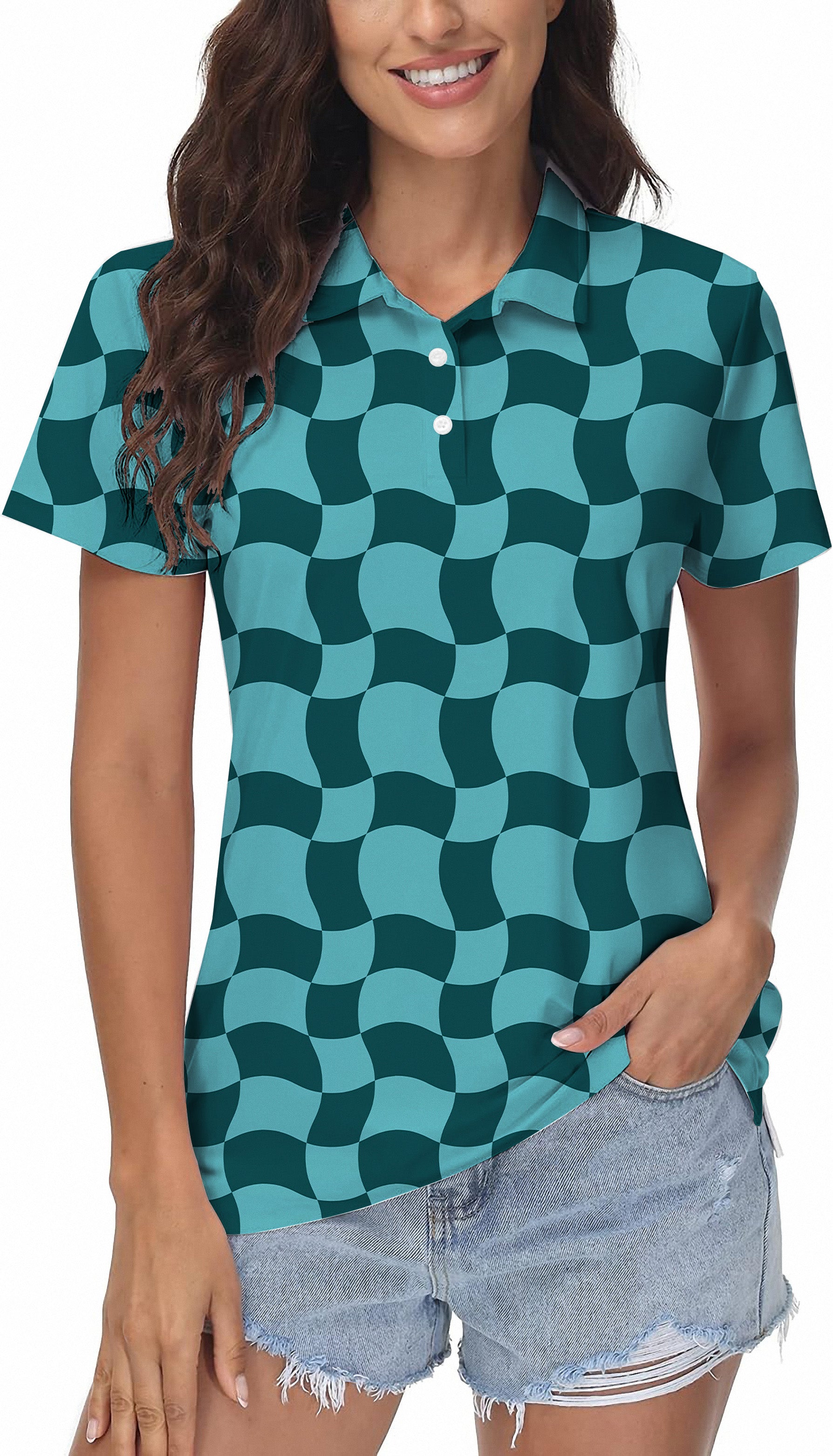 Wavy SquareTanjirou Women's Golf Polo with wavy square pattern, moisture-wicking fabric, four-way stretch, and UPF 40+ protection